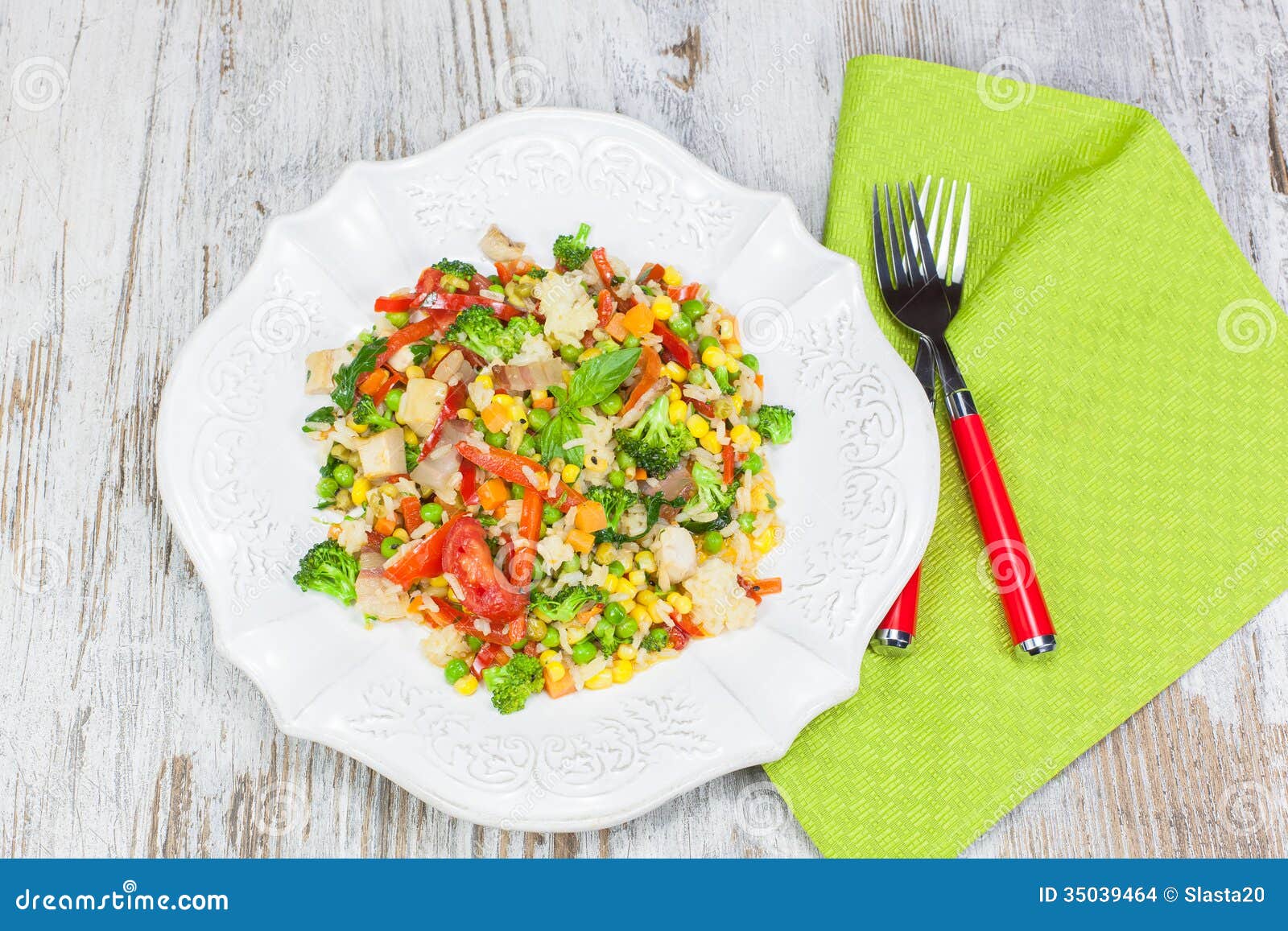 Fried Rice with Vegetables and Meat Stock Photo - Image of angle, food