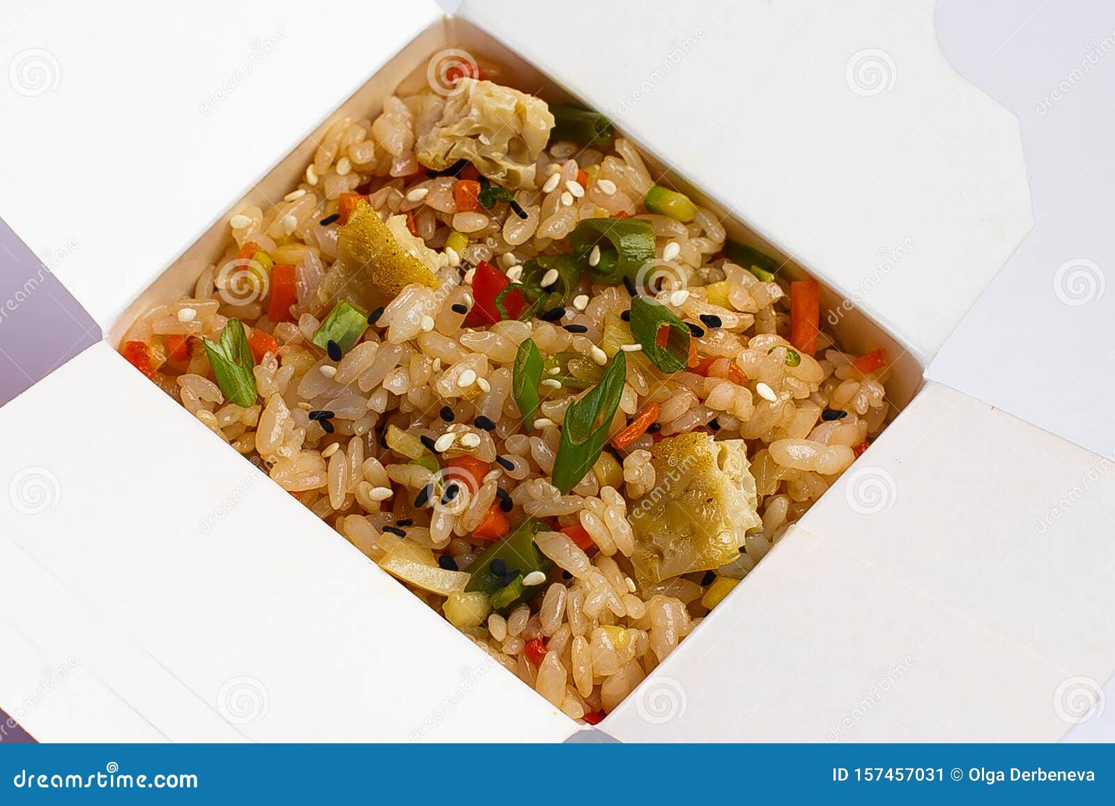 Fried Rice Wok with Scrambled Eggs and Vegetables in a Box Stock Image