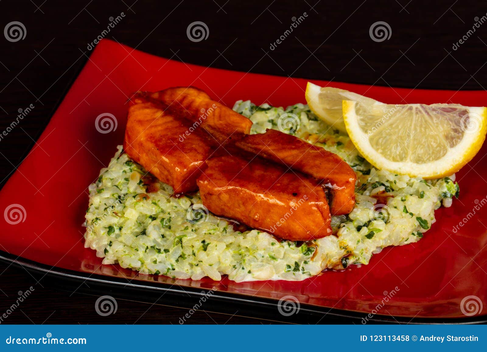 Fried salmon with rice stock photo. Image of salmon 123113458