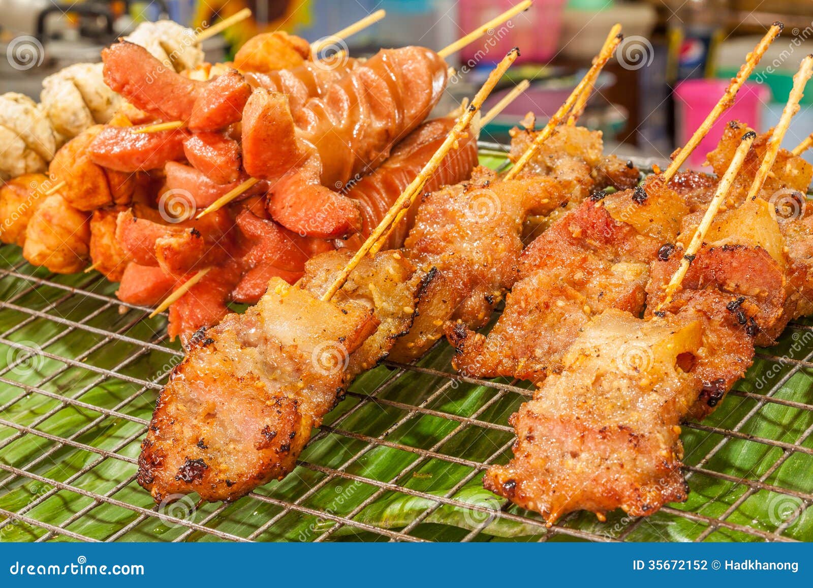 Fried Sausage, Fish Ball and Fried Pork Stock Photo Image of barbecue