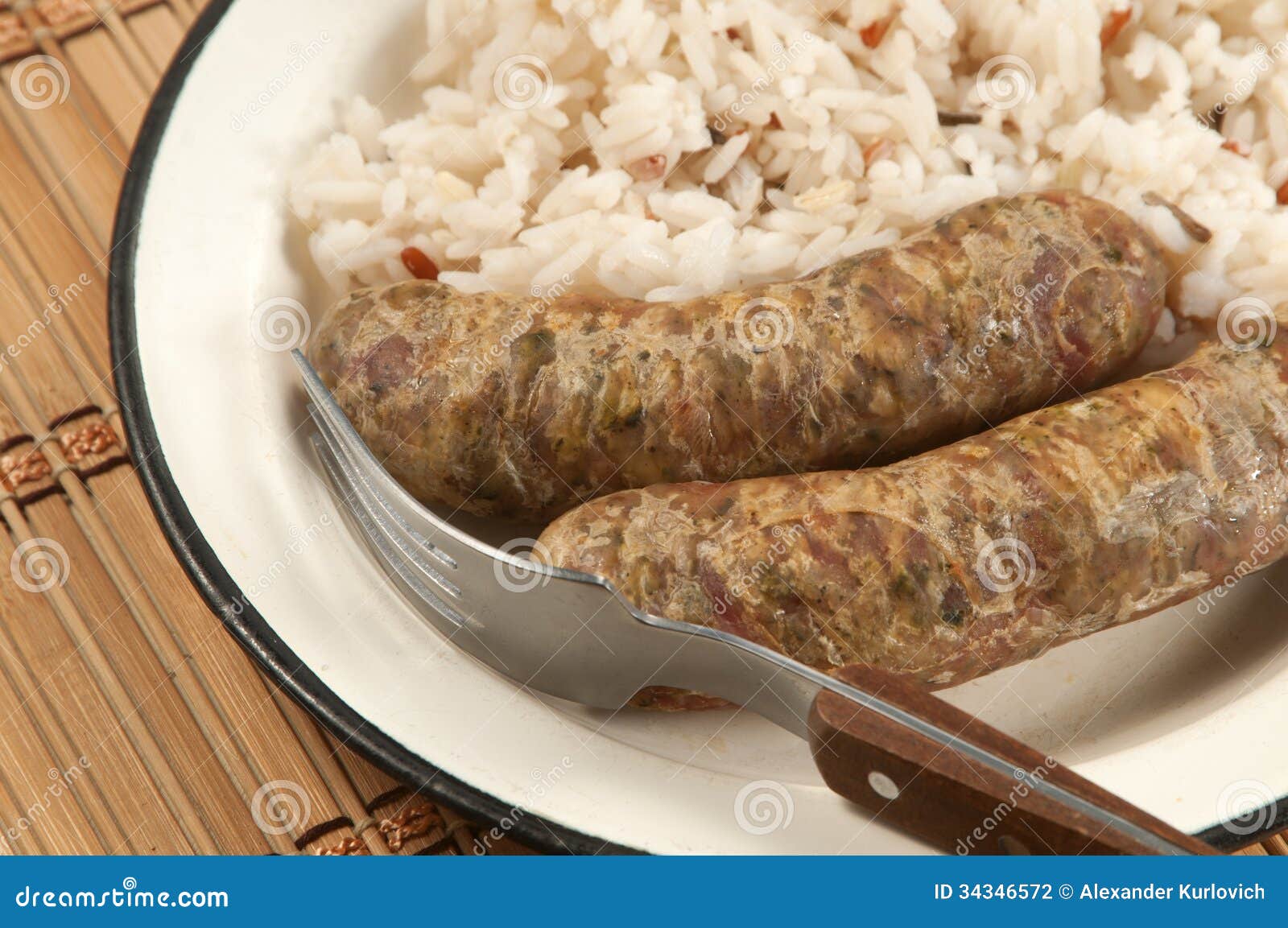 Fried sausages and rice stock photo. Image of brown, rice 34346572