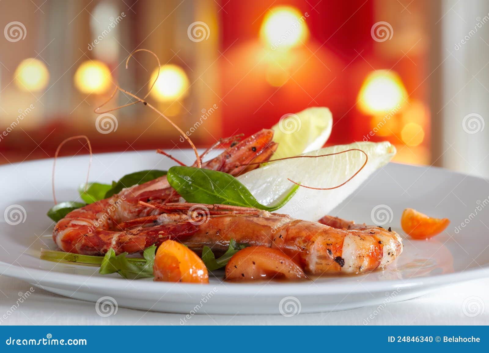 Fried Scampi With Mixed Salad And Cherry Tomatoes Stock Photo Image