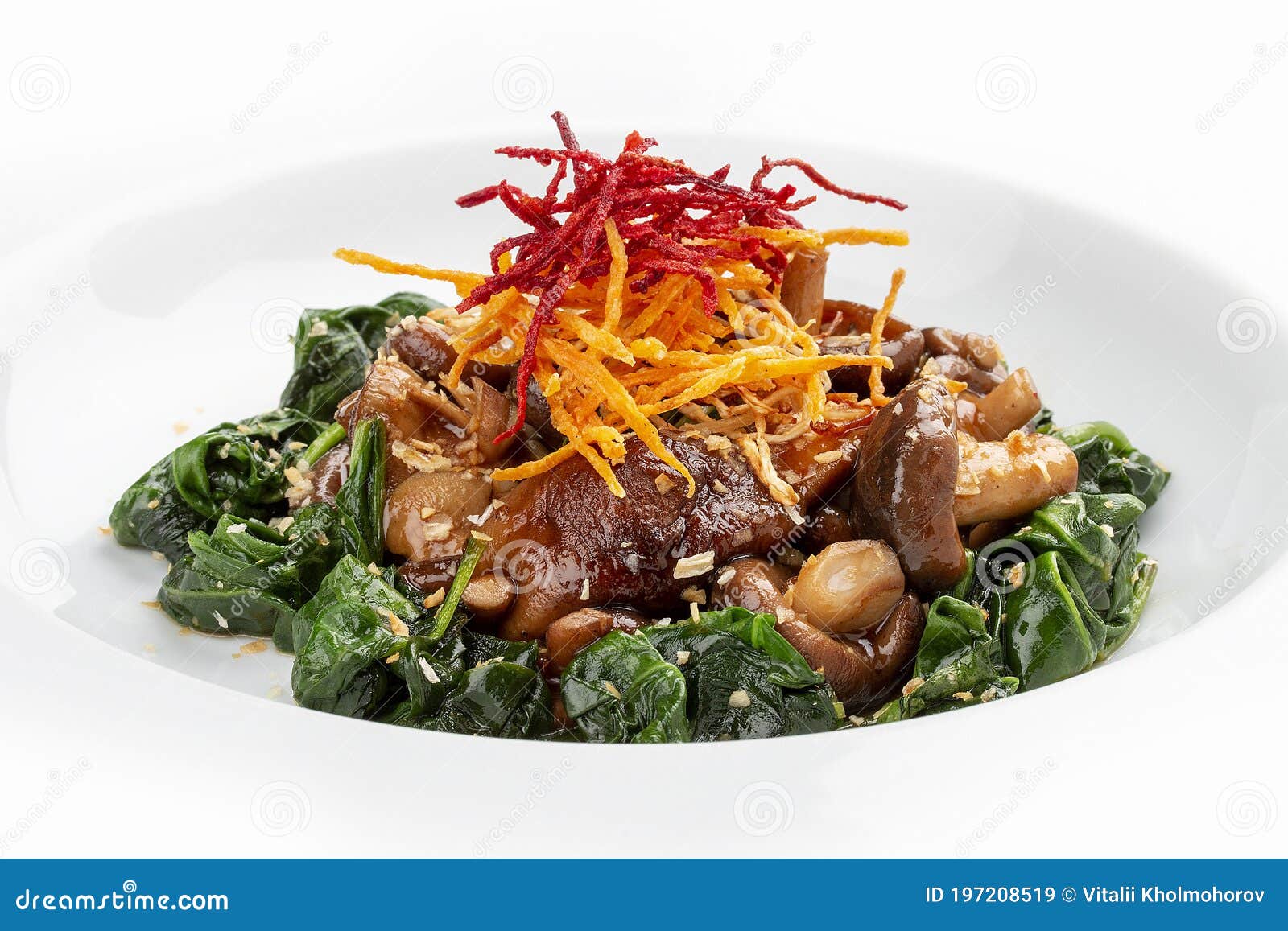 Fried Shiitake Mushrooms with Spinach. Vegetarian Dish Stock Image