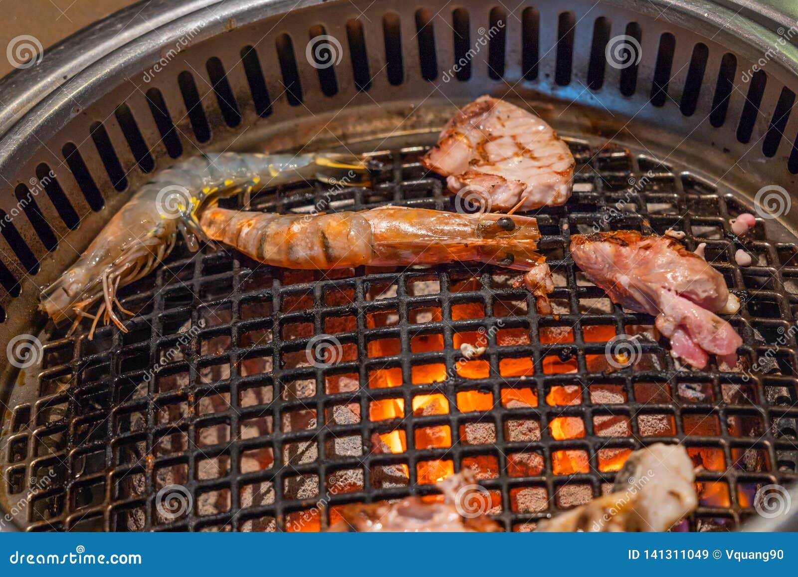 Fried Shrimps Seafood and Steak by Fire and BBQ Flames Stock Image Image of restaurant, cook