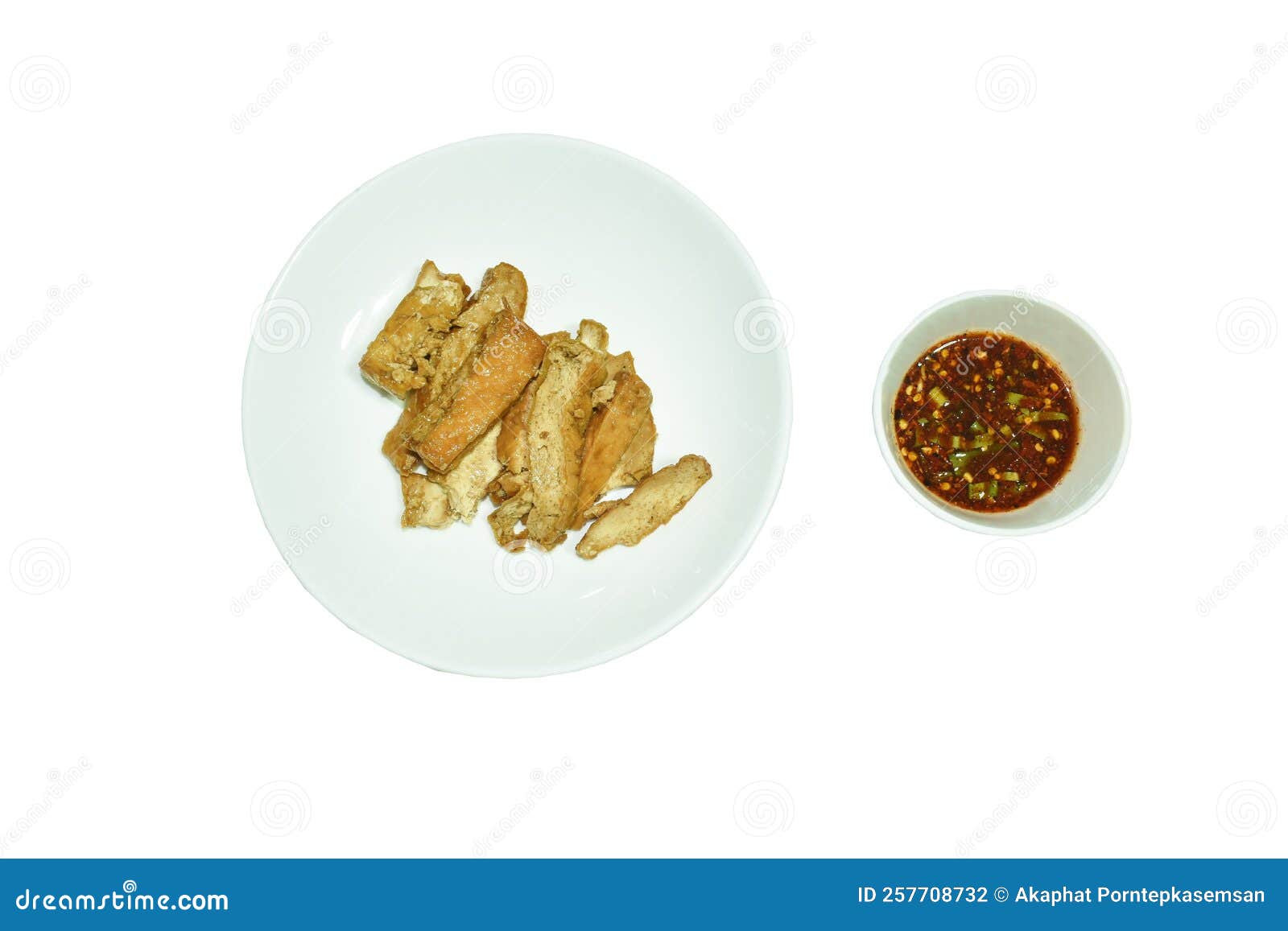 Fried Slice Tofu on Plate Dipping Spicy Sauce in White Background Stock