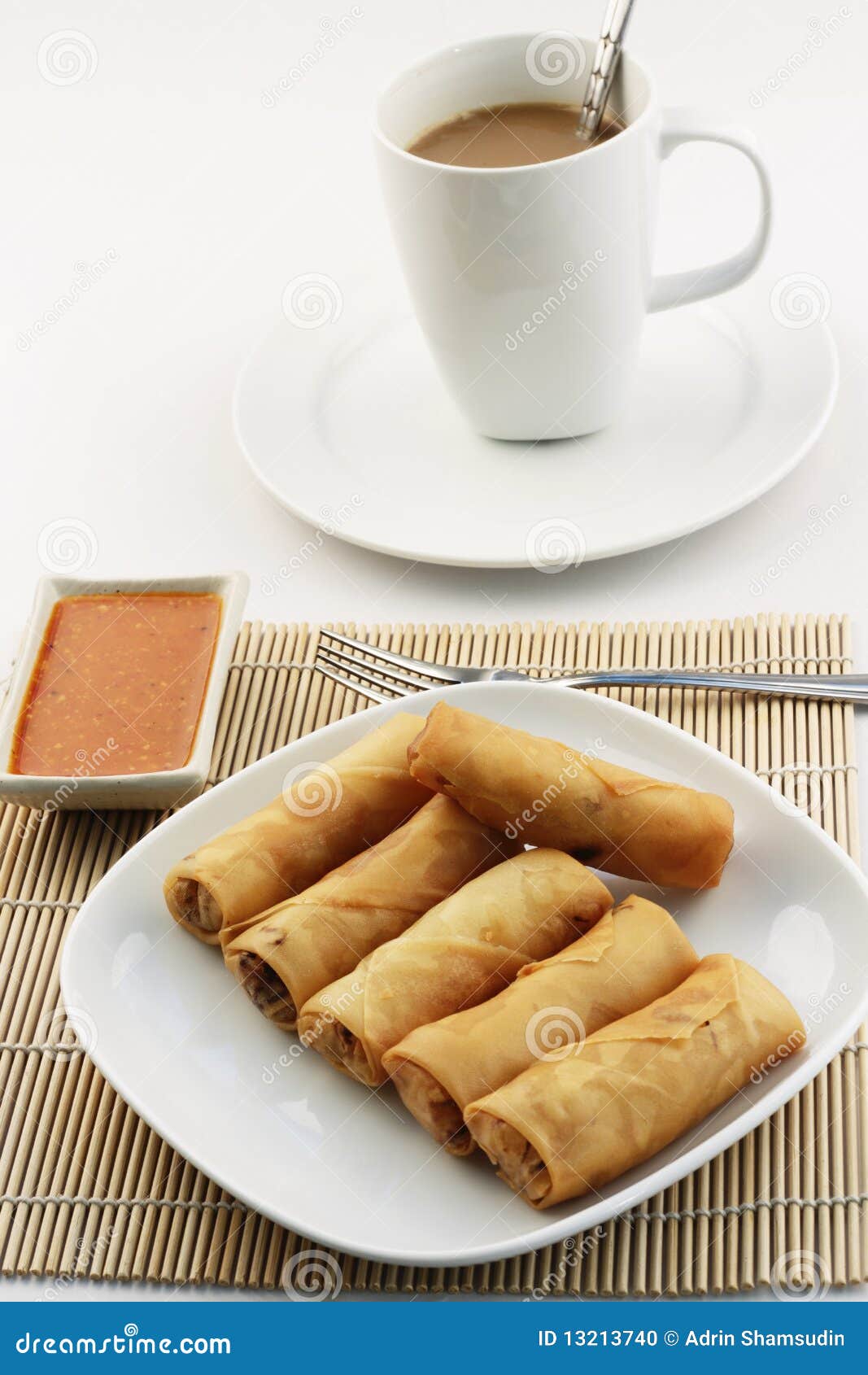 Fried Spring Rolls or Popiah with Coffee Stock Photo - Image of crispy ...