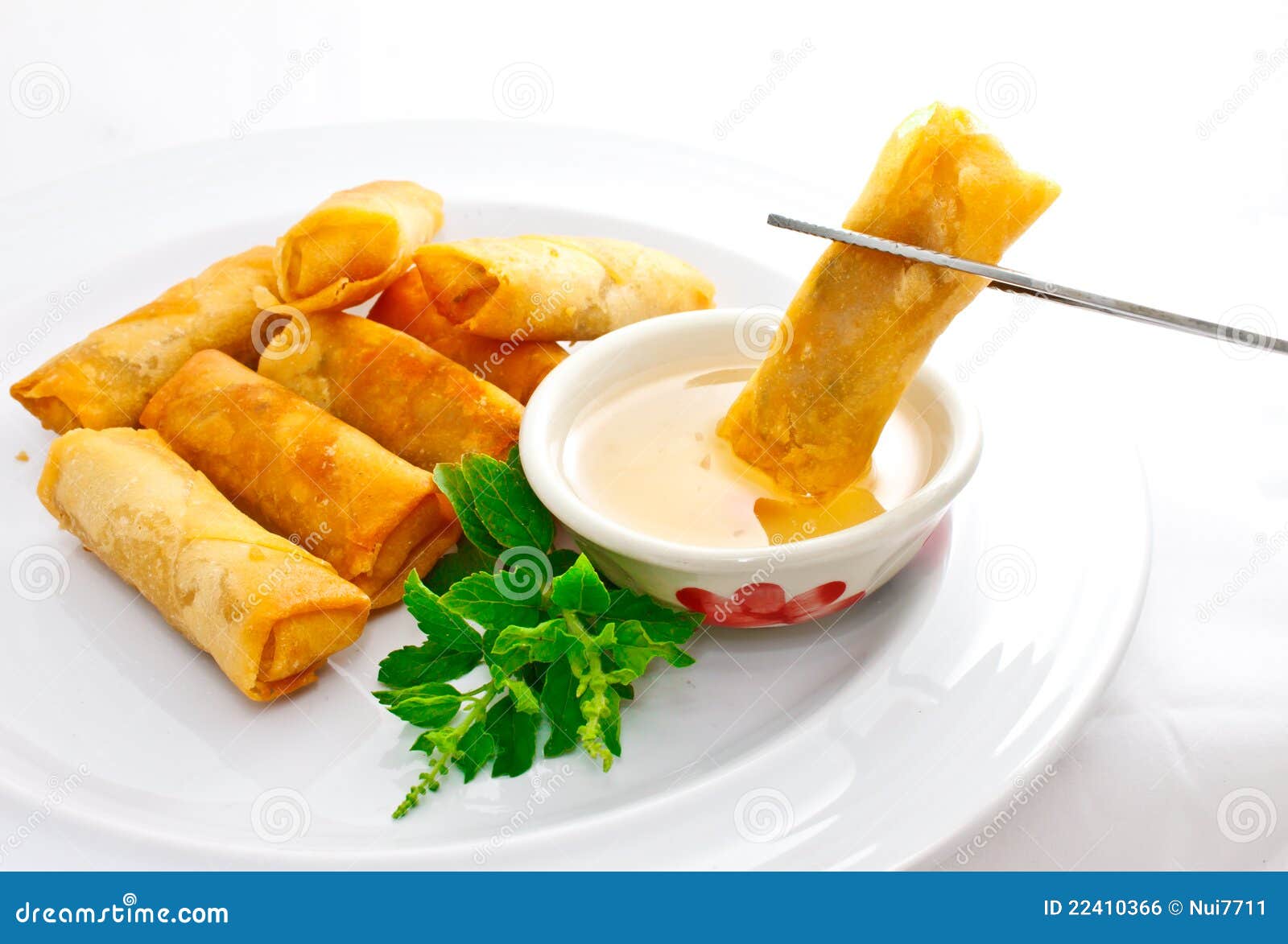 Fried Springroll Dip into Sweet Plum Sauce Stock Photo Image of