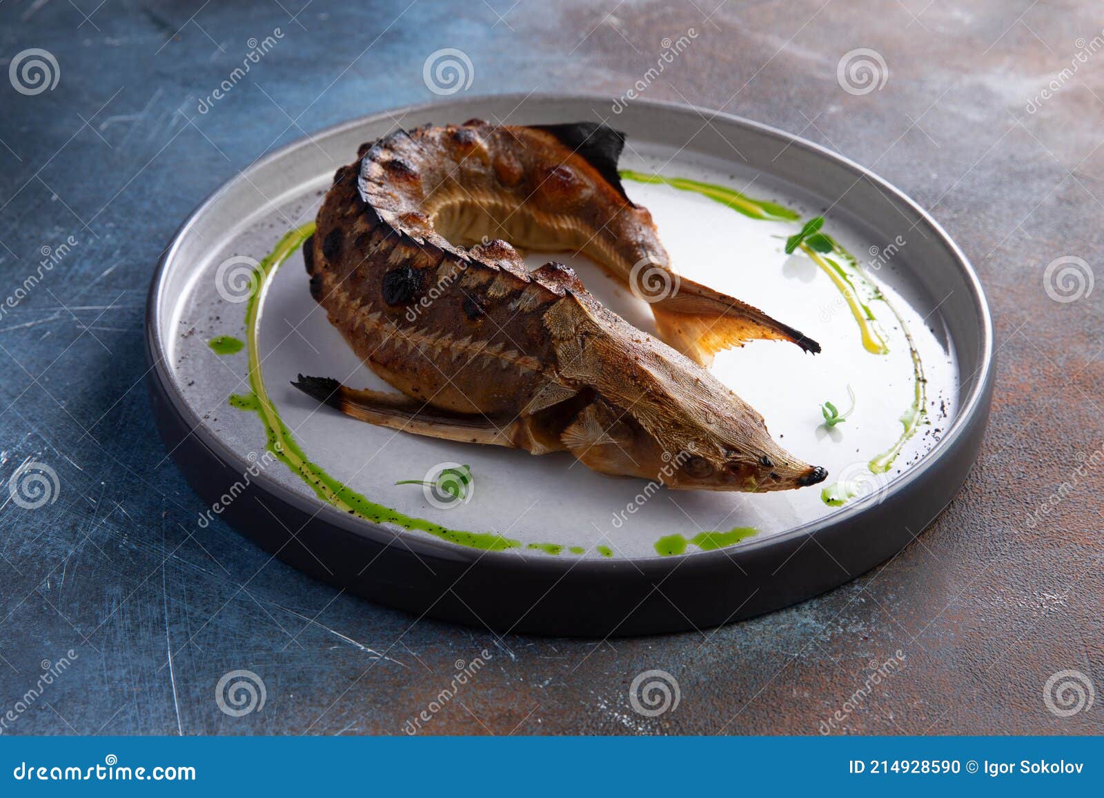 Fried Sturgeon Fish in a Plate. Closeup Stock Photo Image of cooking