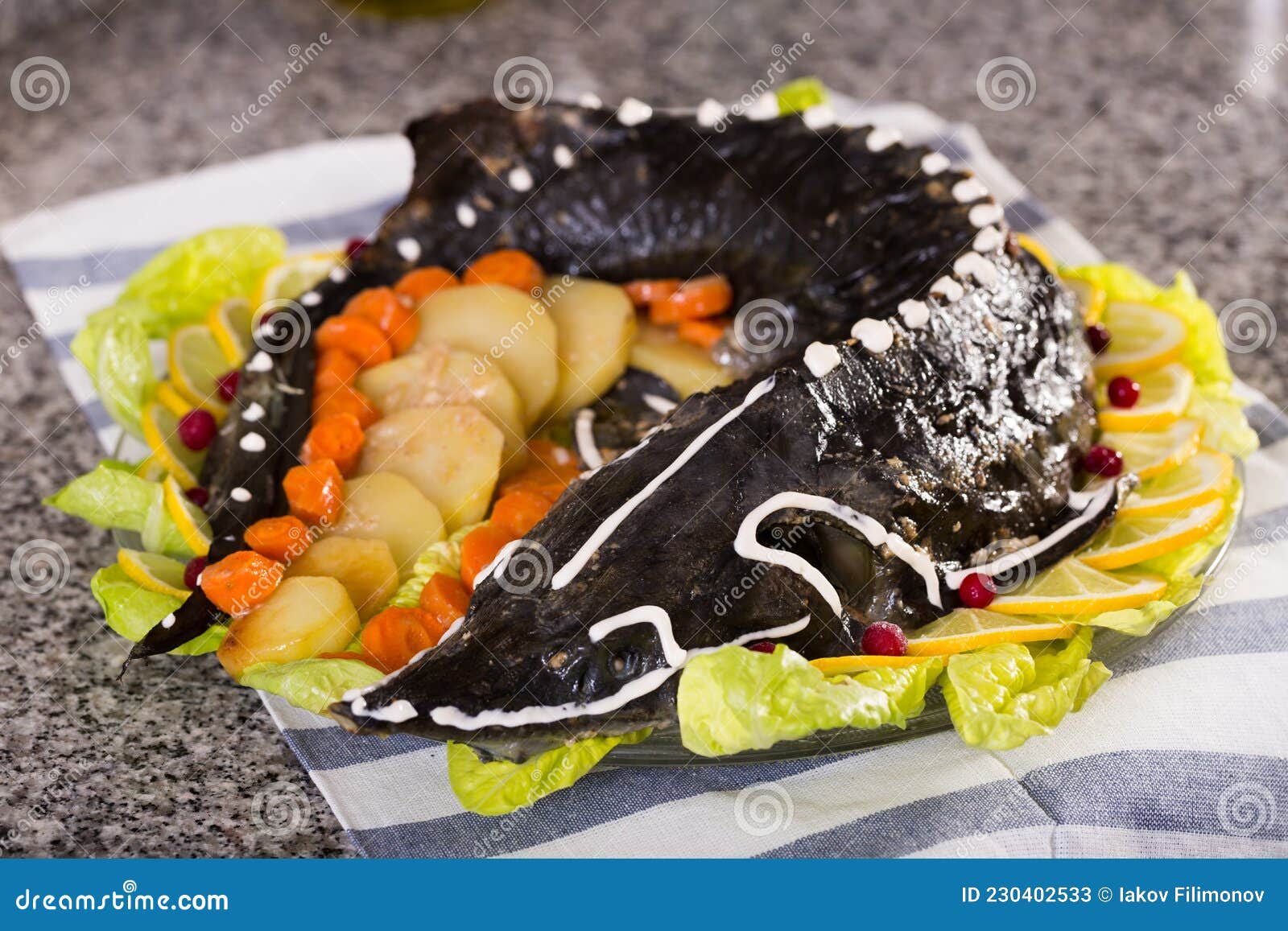 Fried Sturgeon with a Vegetable Servit at Table Stock Image Image of dish, delicious 230402533