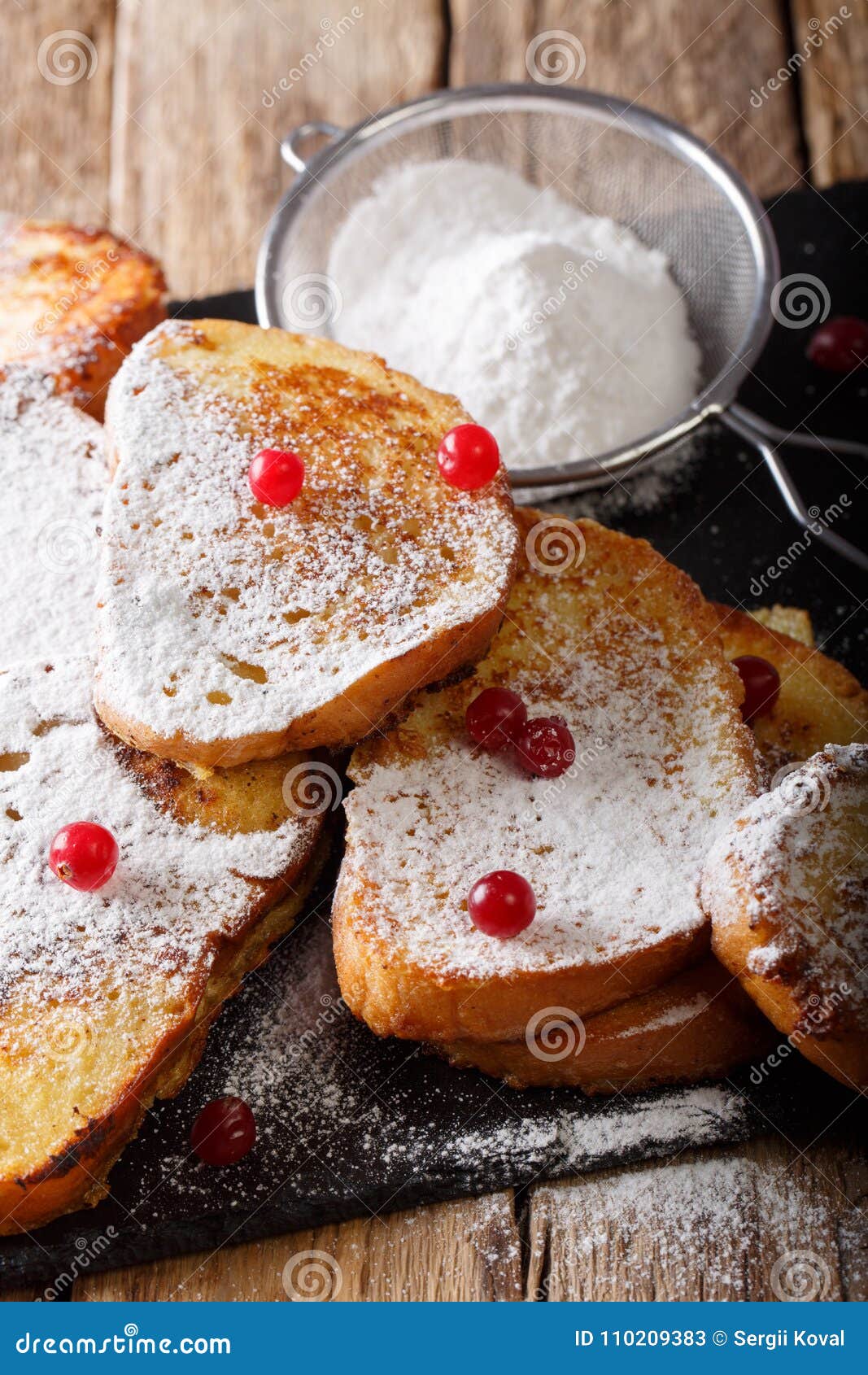 Fried Sweet Toast with Sugar Powder and Cranberries Close-up. Vertical ...