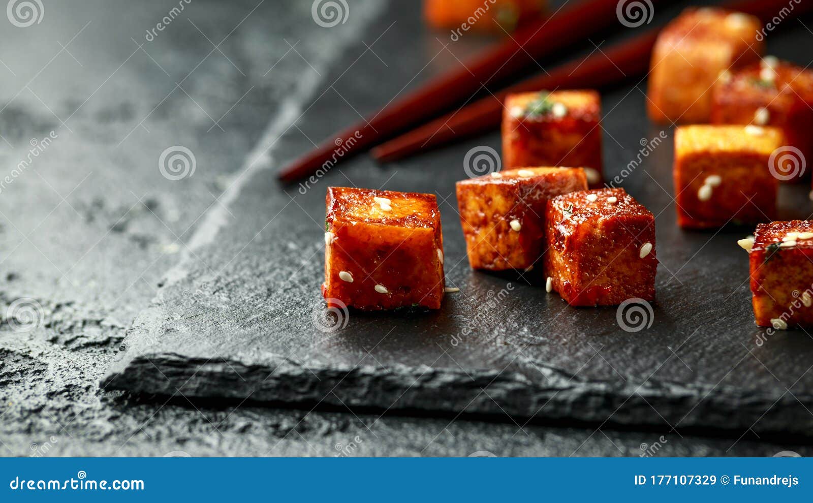 Fried Tofu with Chopstick and Sesame Seeds on Rustic Stone Board Stock Image Image of cooking