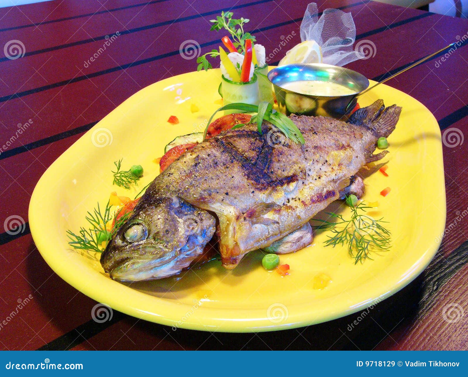 Fried Sea Trout, Lemon And Sauce. Grill Dishes, Seafood Or Fish And
