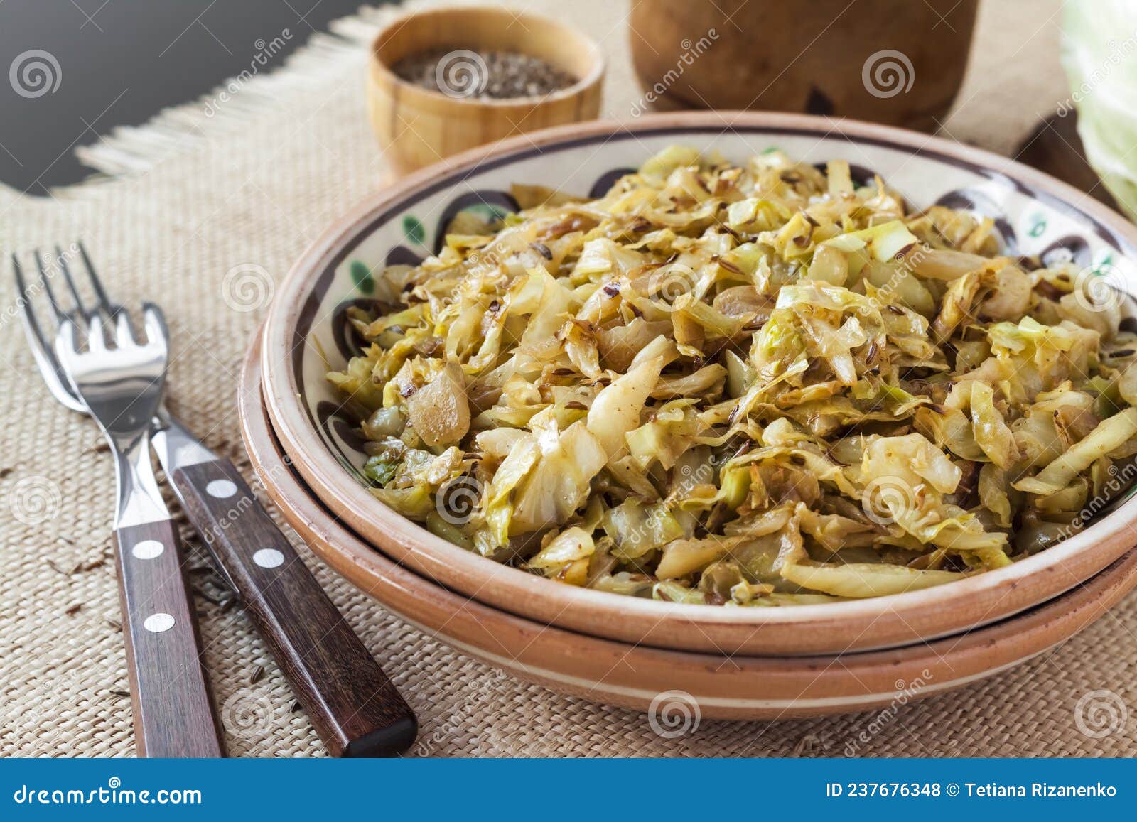 Fried White Cabbage with Caraway Seeds and Curry Powder Stock Photo