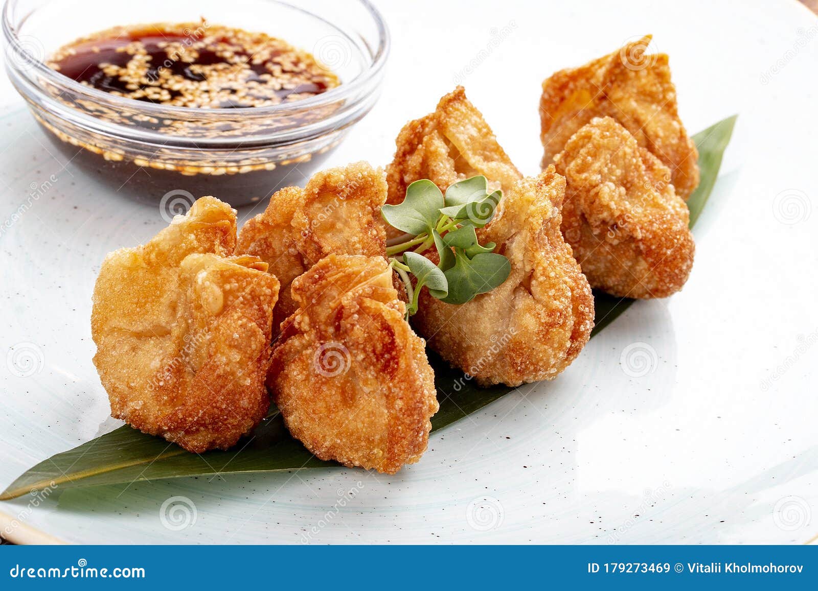 Fried Wontons with Soy Sauce Served on a Bamboo Leaf Stock Image Image of prawn, asian 179273469