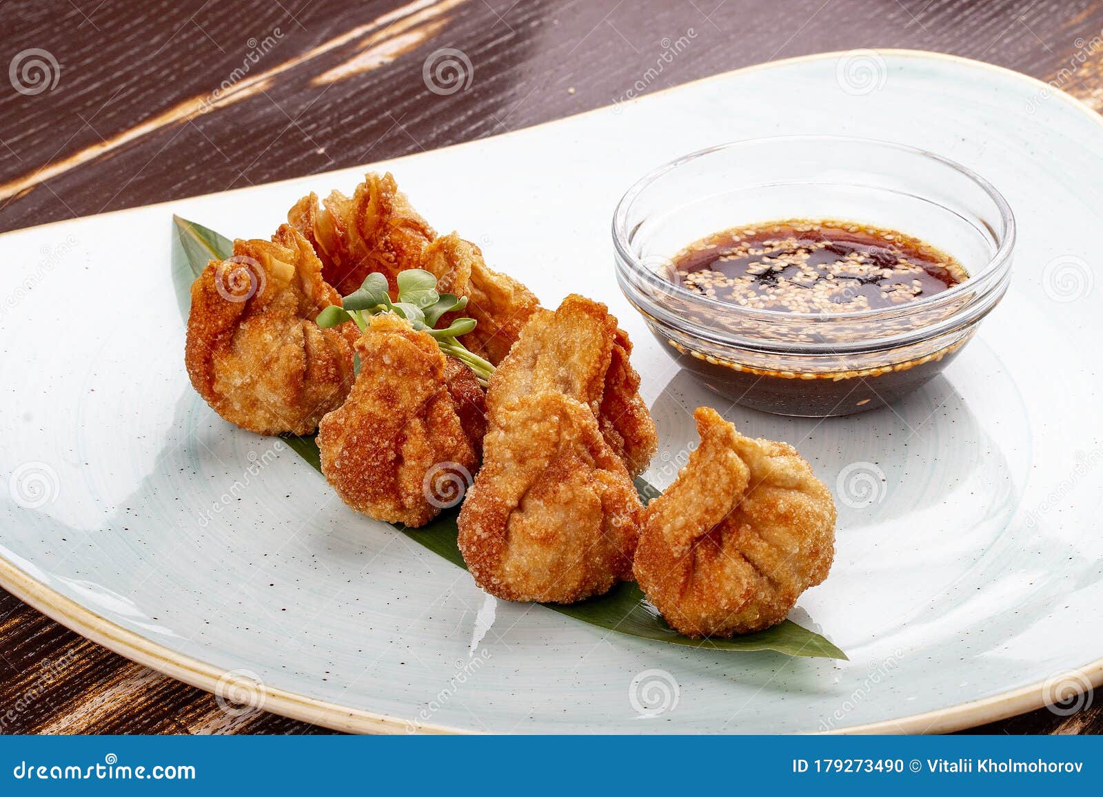 Fried Wontons with Soy Sauce Served on a Bamboo Leaf Stock Photo Image of delicious, chinese