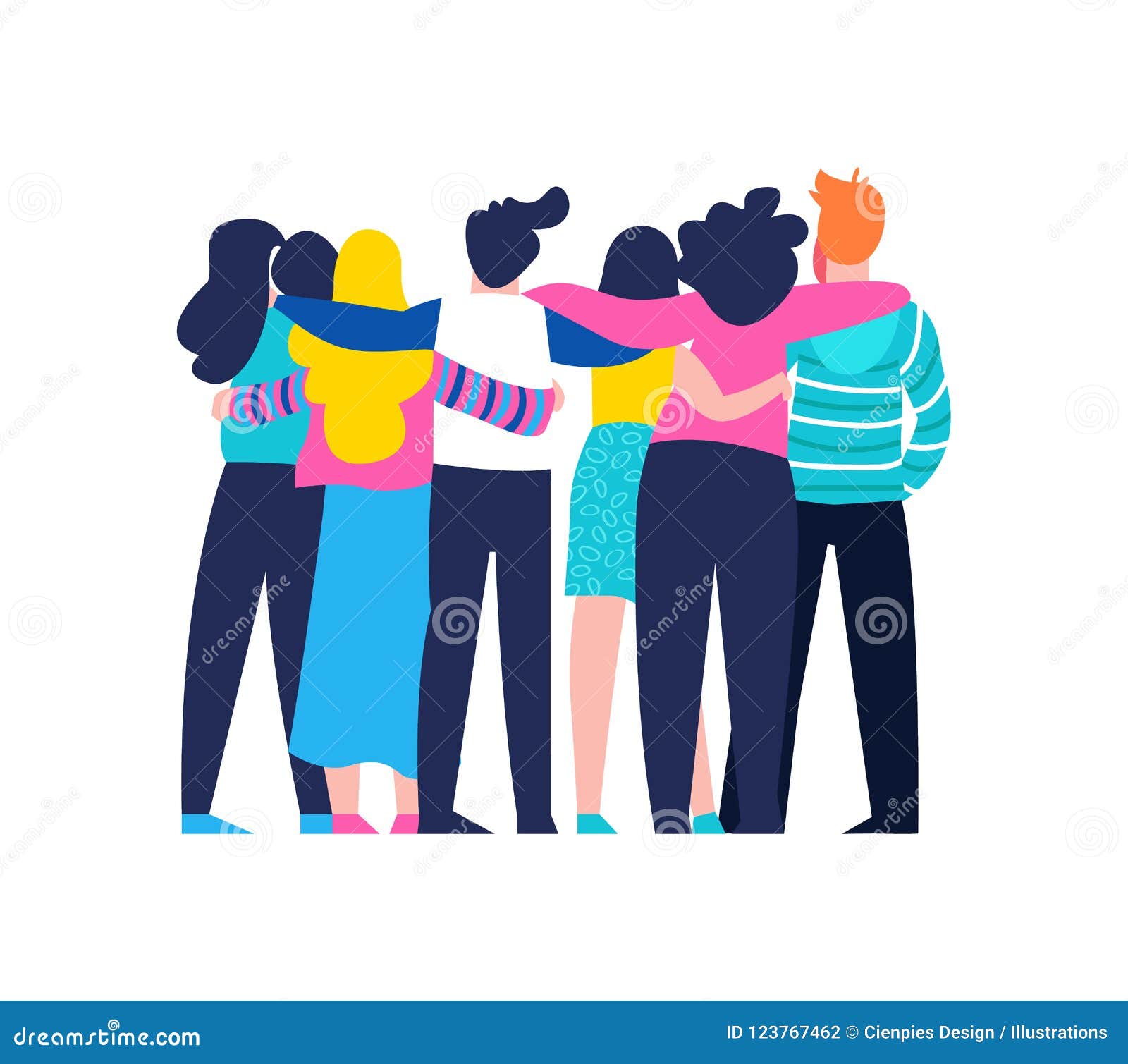 friend group hug of diverse people 