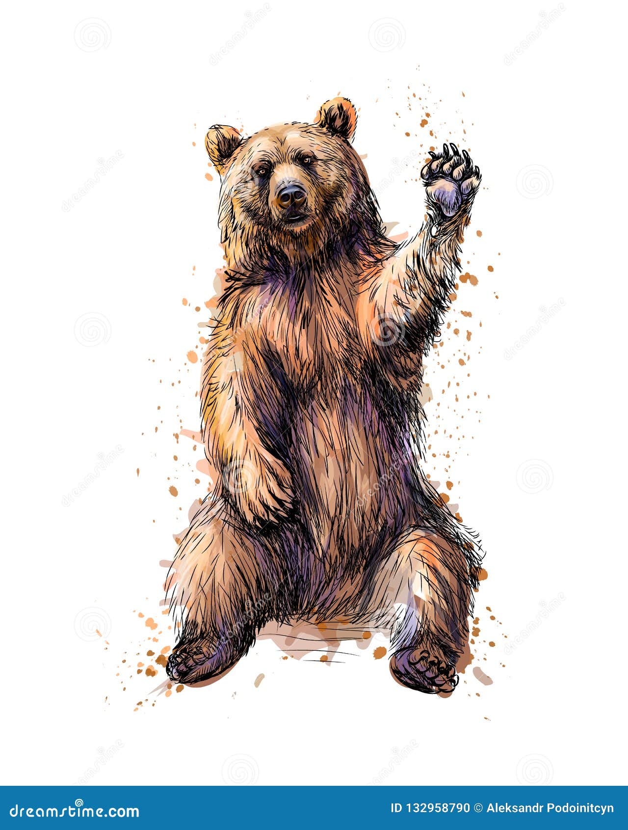 friendly brown bear sitting and waving a paw from a splash of watercolor