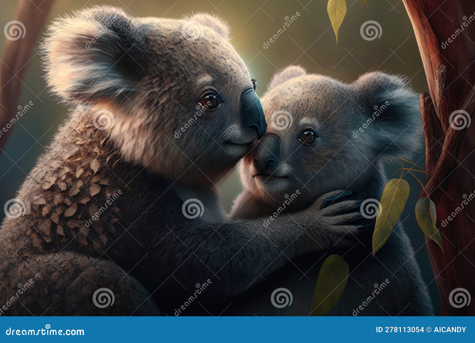 Friendly Encounter between Two Cuddly Koalas Nuzzling Noses on a Eucalyptus Tree Branch Stock