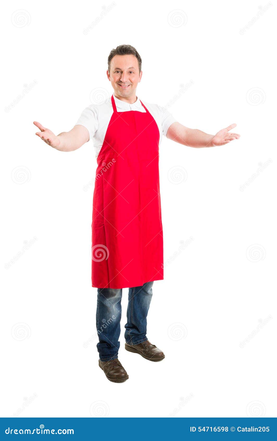friendly hypermarket employee with arms wide open