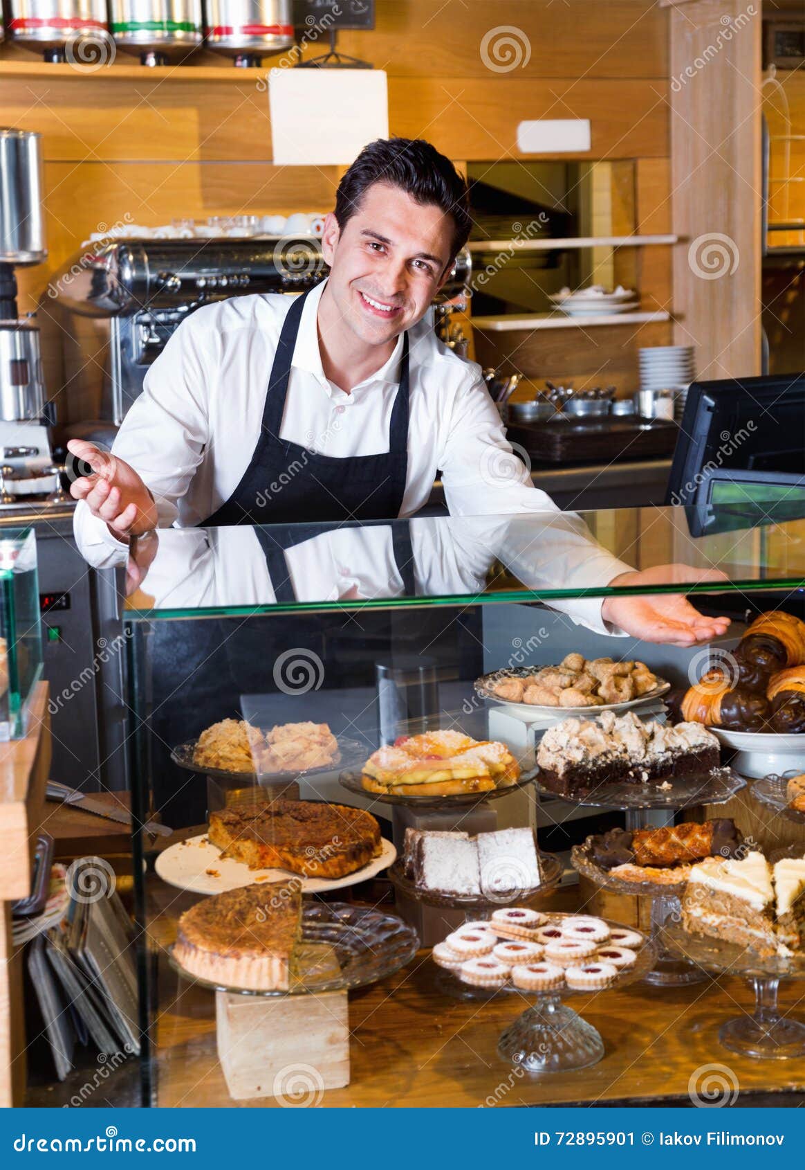 Friendly Positive Smiling Cafe Staff Offering Fancy Stock Image - Image