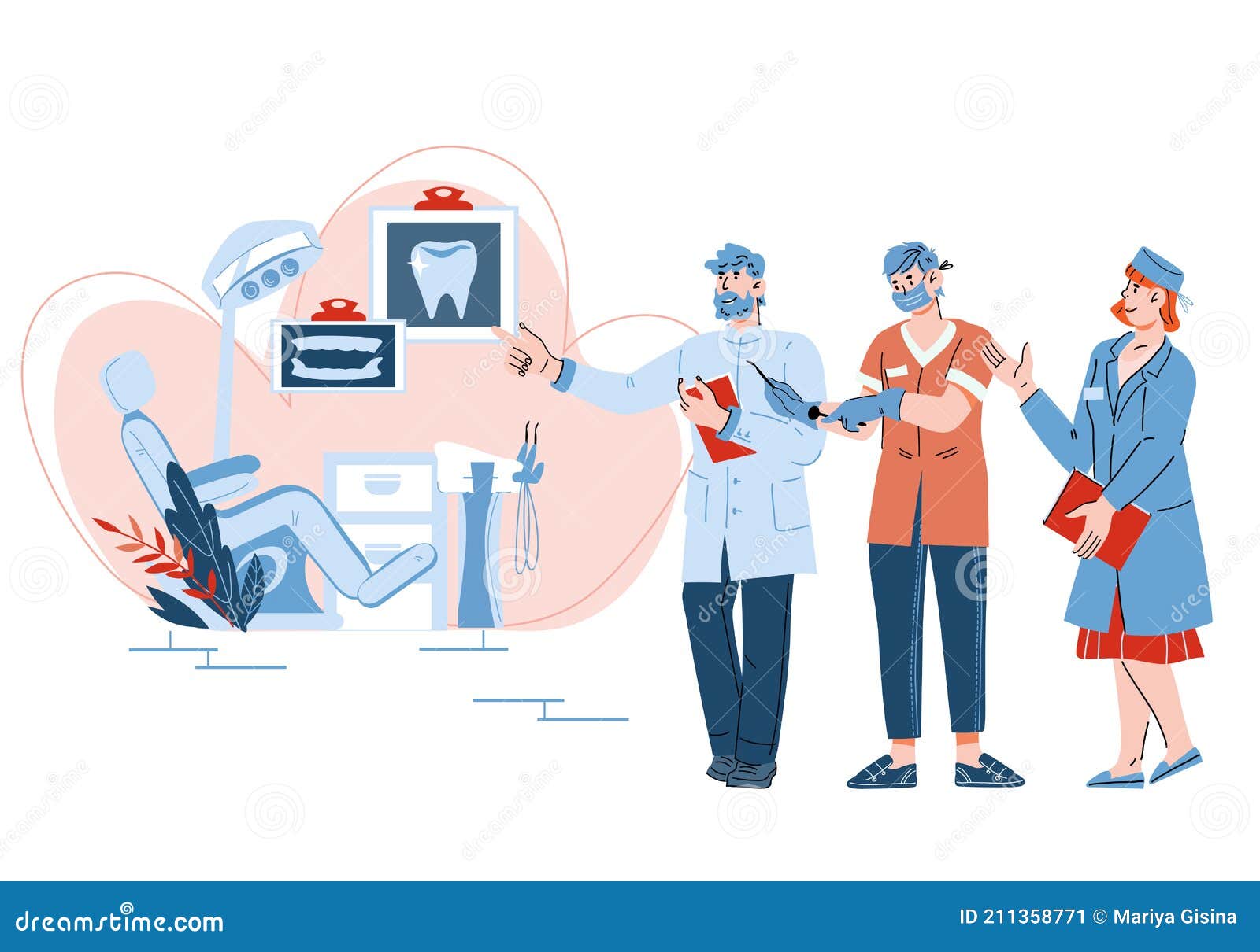 Friendly Smiling Dentists Team Showing Dental Office, Cartoon Vector