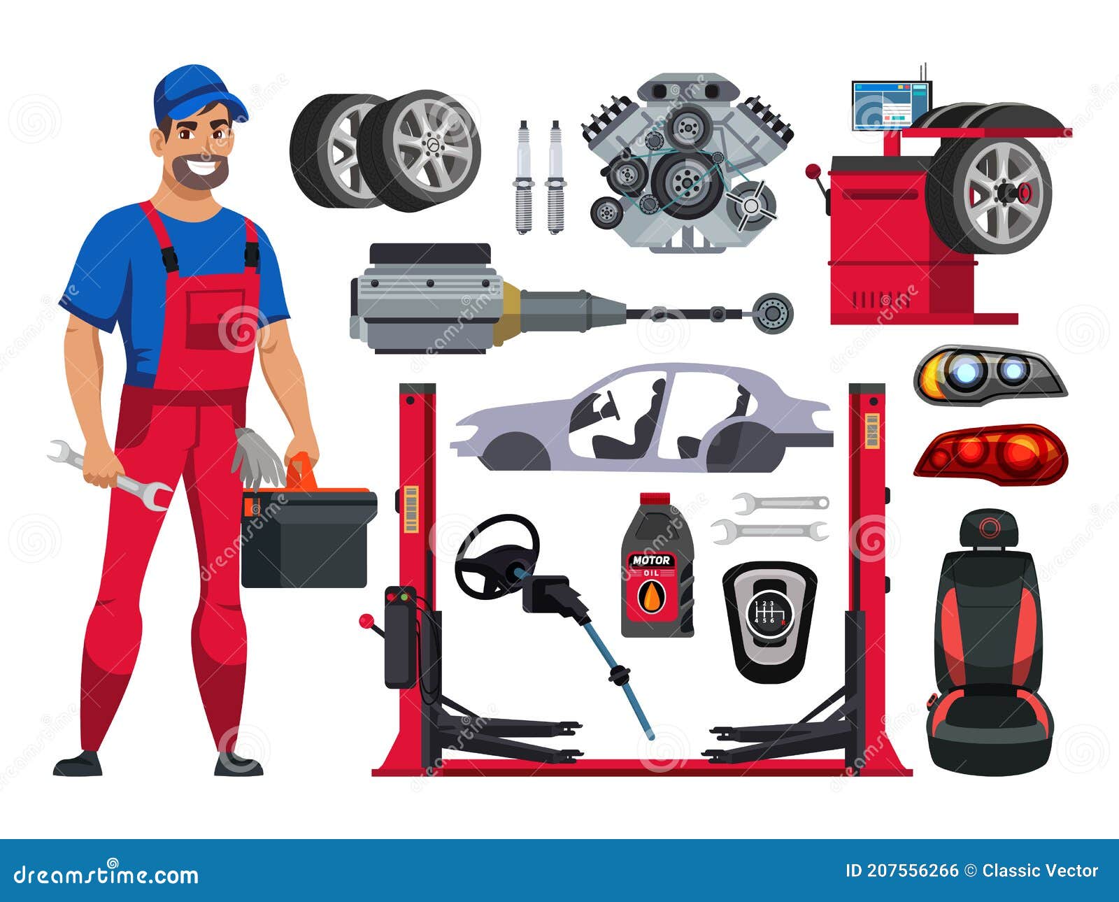 man auto mechanic and car repair spare part set
