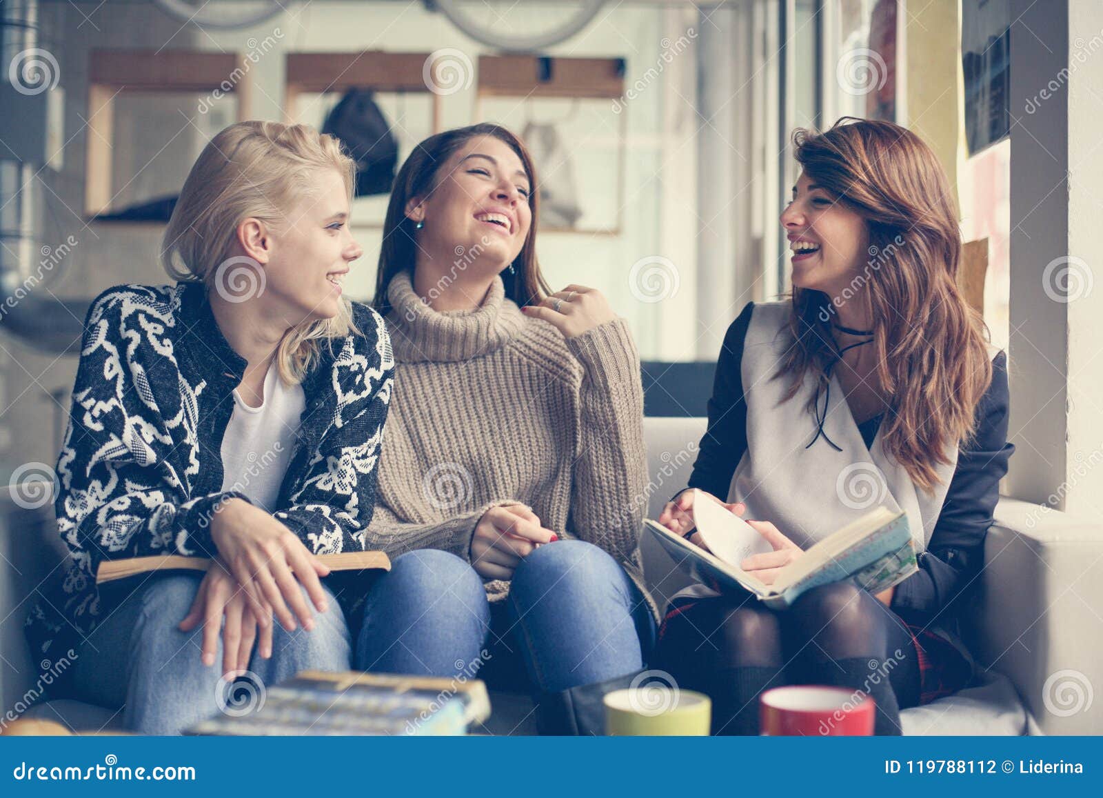 Friends in Cafe. Three Best Friend Having Funny Conversation Stock Photo -  Image of adult, laughing: 119788112