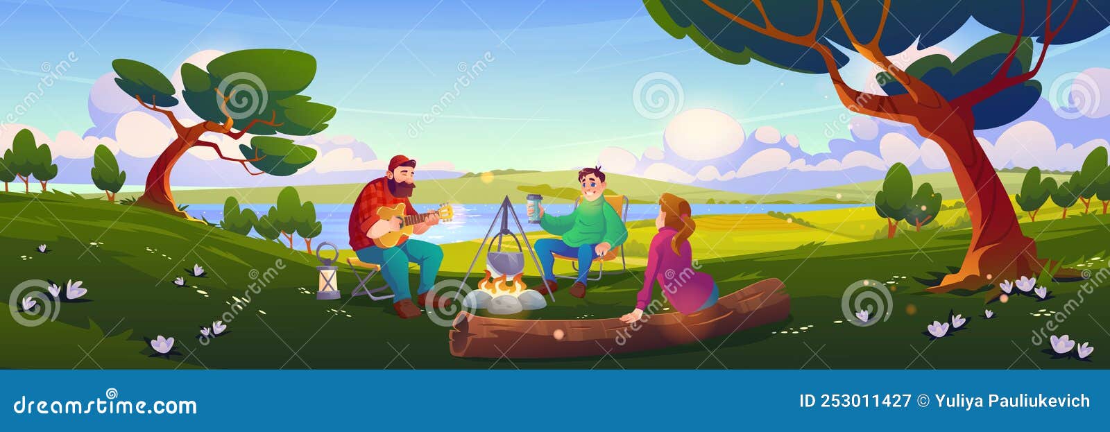 friends camping, people relax in forest camp.