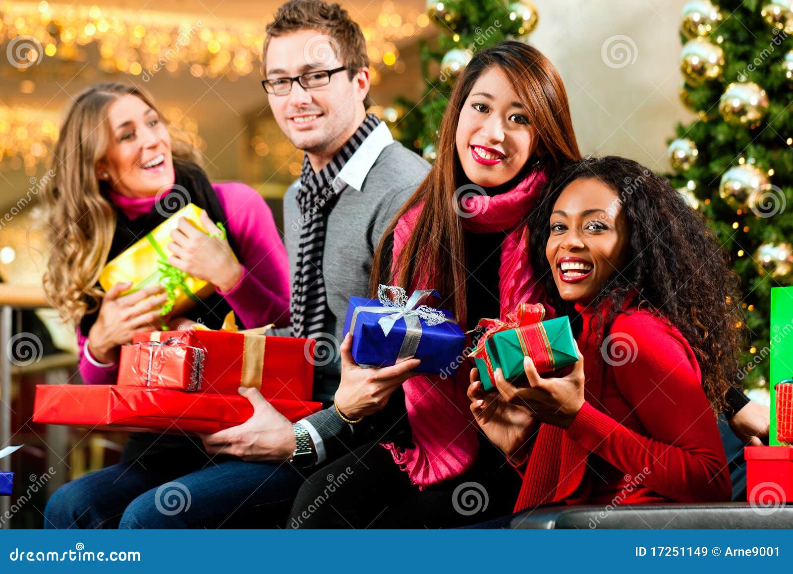 Friends Christmas Shopping With Presents In Mall Royalty Friends Christmas Shopping With Presents In Mall Royalty