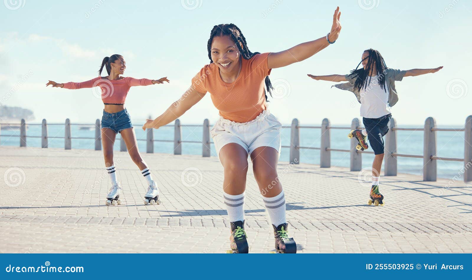 Friends, Fitness and Roller Skating at the Beach in Summer a Group of Young Gen Z Girls and Boy Skate in Freedom Stock - Image of riding, girl: 255503925