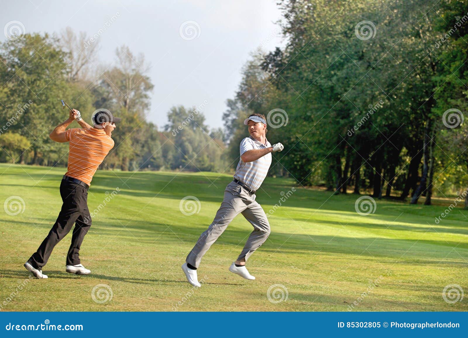 Friends Having Fun in Golf Course Stock Image Image of length, full