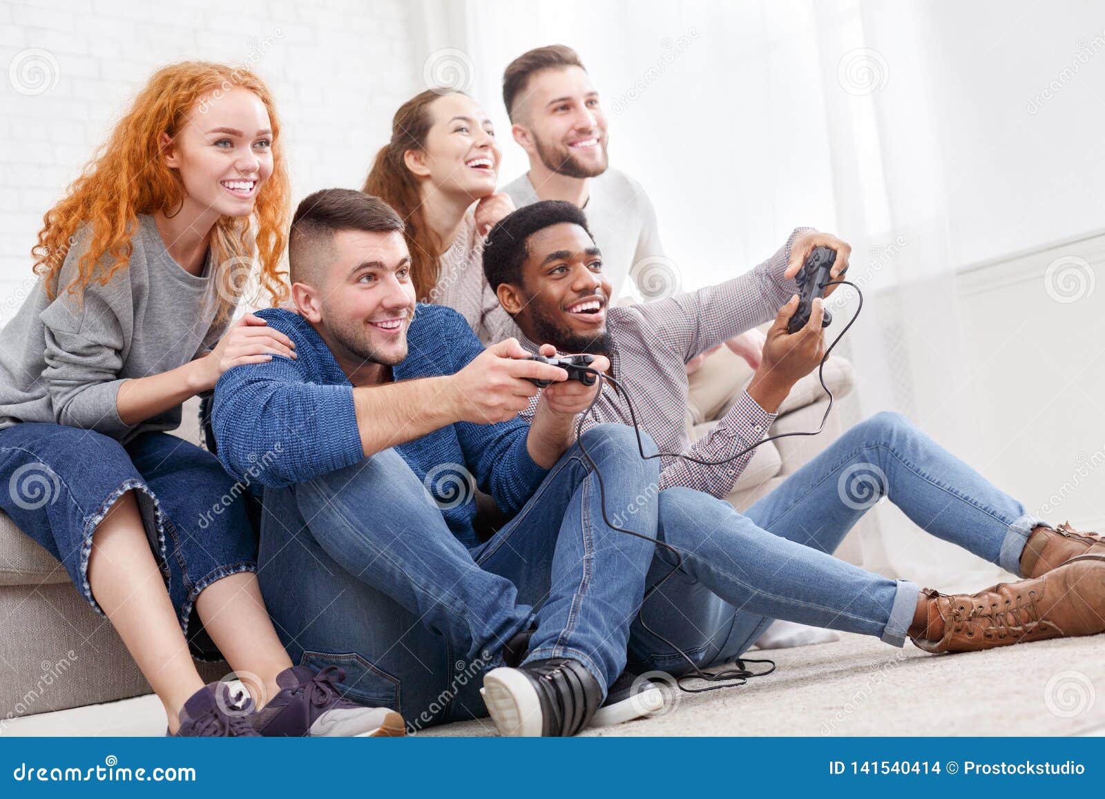 Friends Playing Video Games, Having Fun at Home Stock Photo Image of
