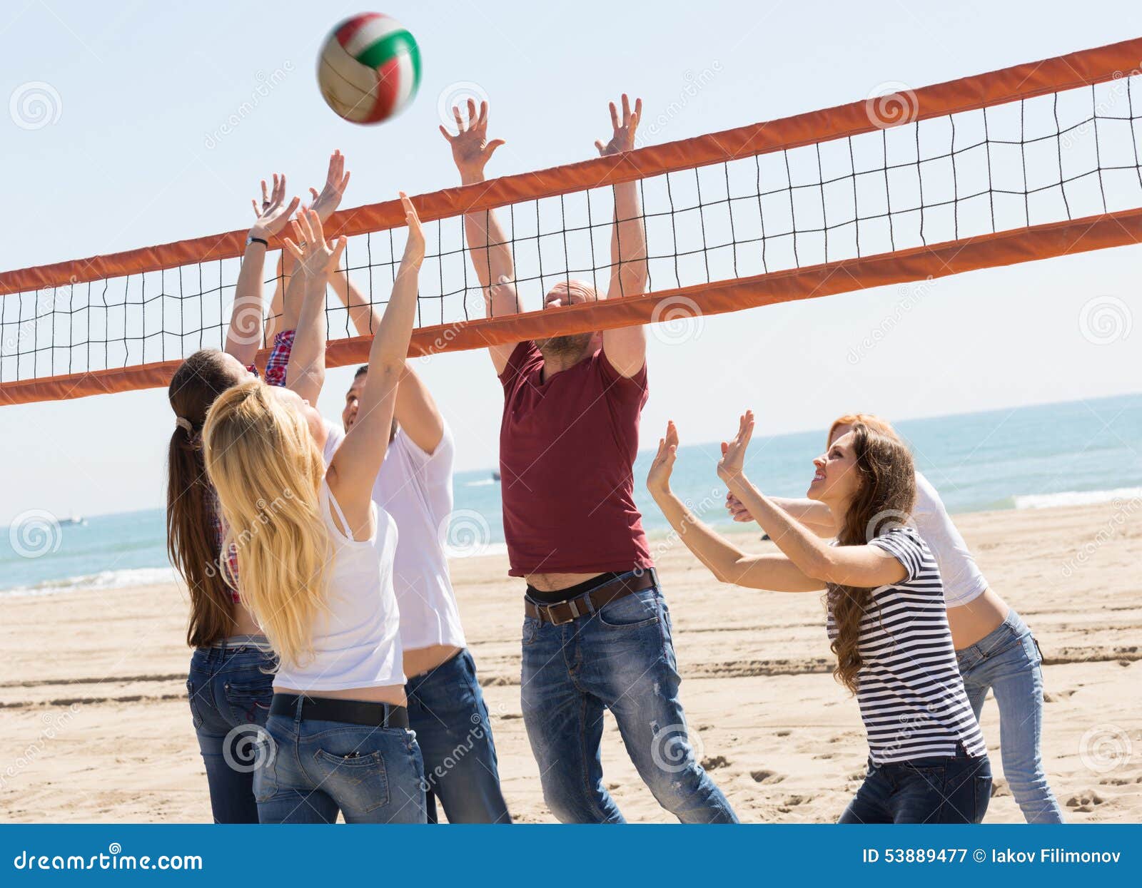 Friends Playing Volleyball at Beach Stock Image Image of pass, spare