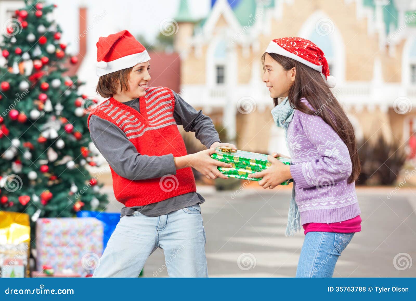 Friends Pulling Christmas Gift Stock Photo Image of person, present
