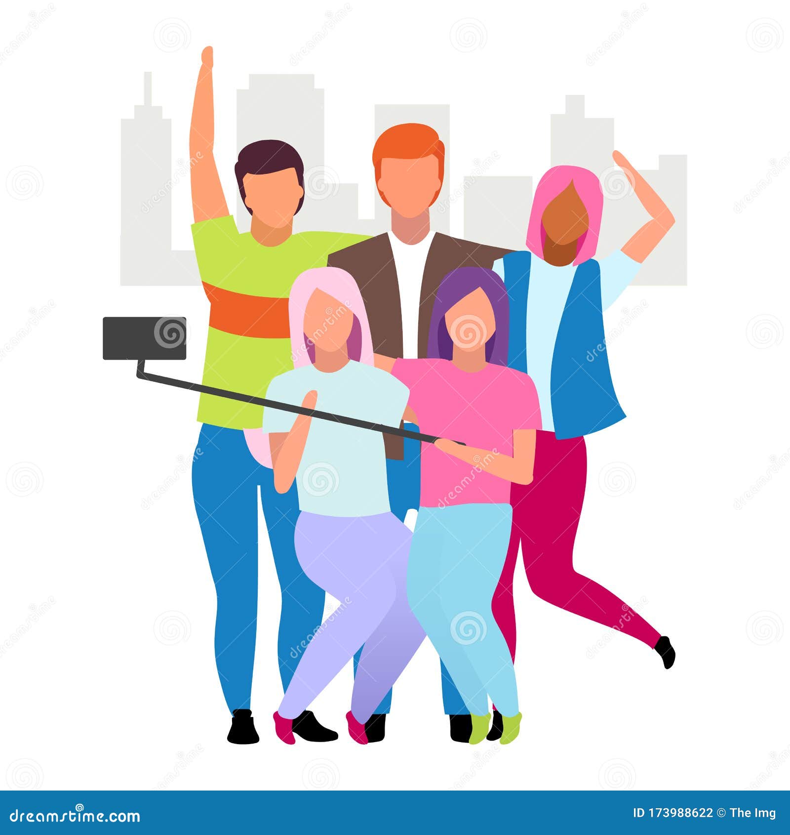 Friends Spending Time Together, Taking Selfie Flat Vector Illustration.  Group of People Making Photo Cartoon Characters Stock Vector - Illustration  of pastime, relationship: 173988622
