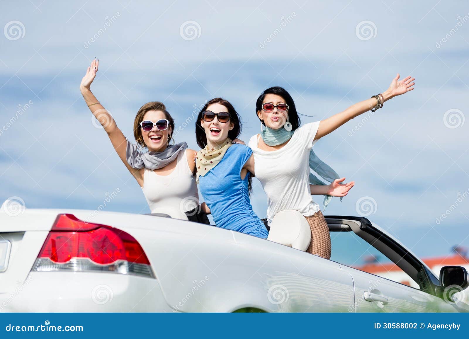 Friends Stand in the Car with Hands Up Stock Photo - Image of ...