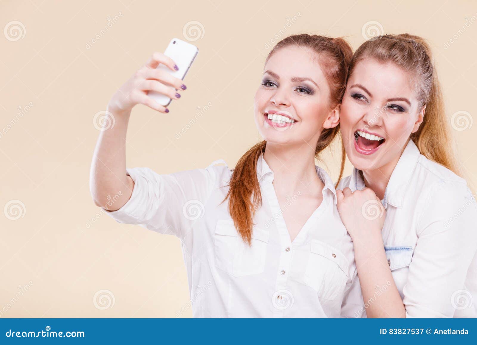 Friends Student Girls Taking Self Photo with Smart Phone Stock Image ...