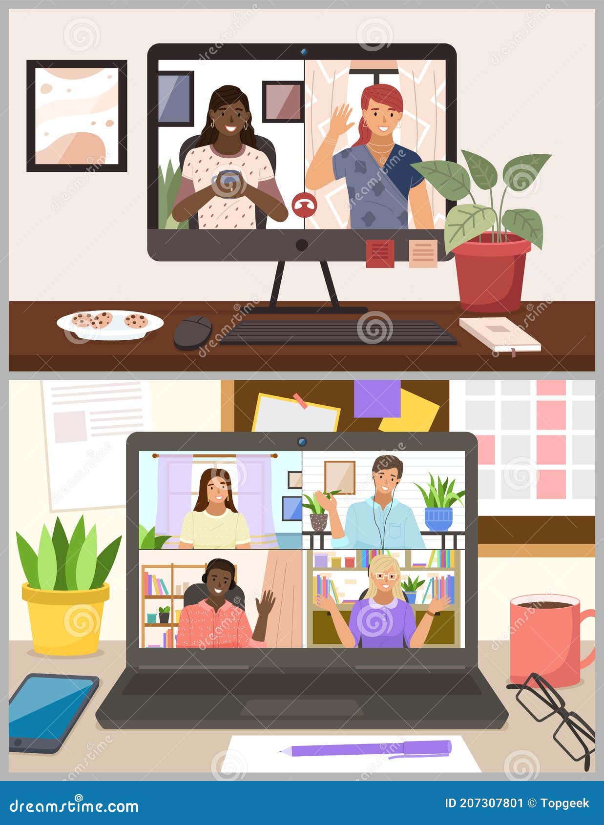 Friends online video conference by computer. Young people chat with each  other virtually in video call