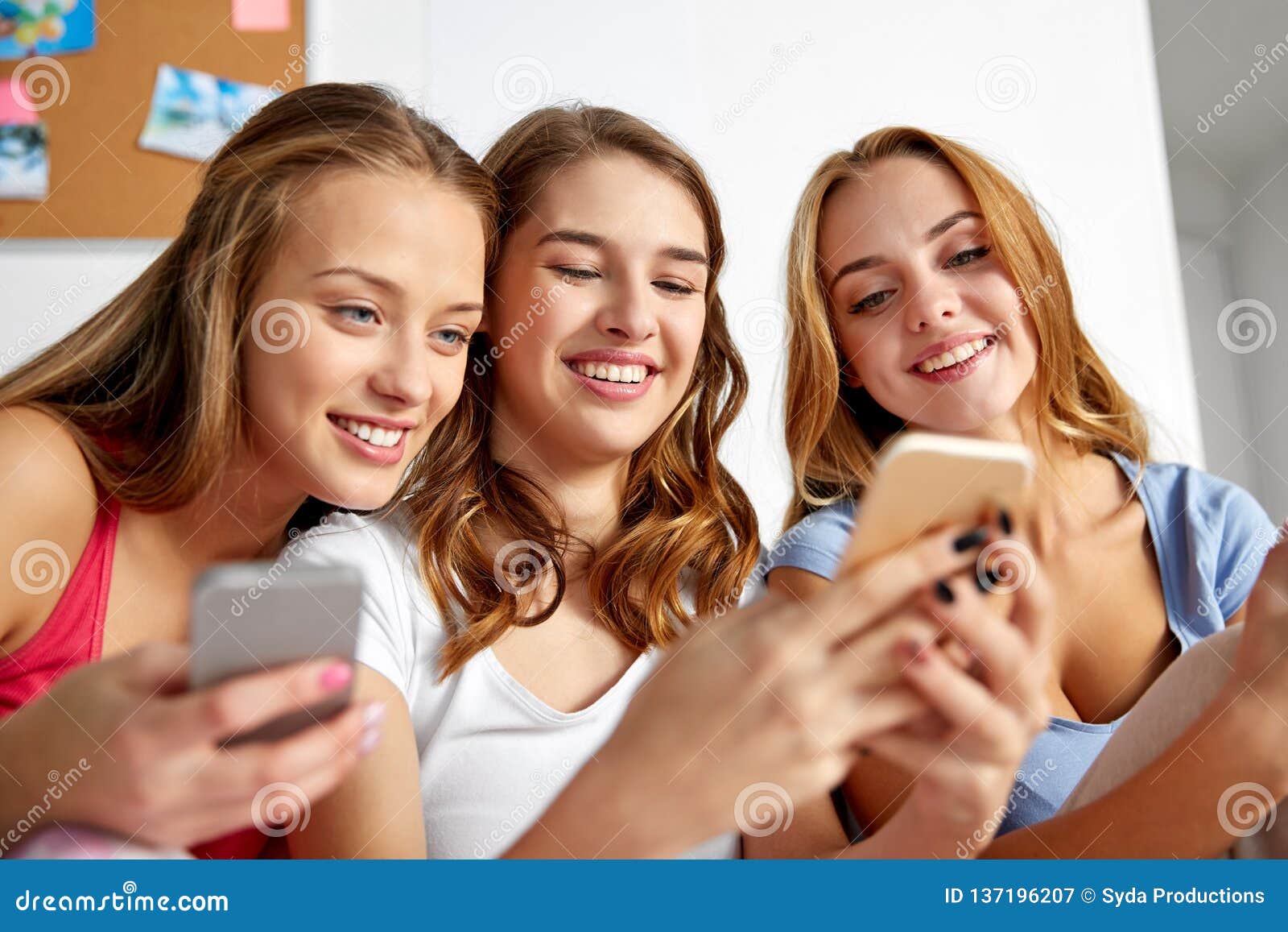 Friends or Teen Girls with Smartphones at Home Stock Image - Image of ...