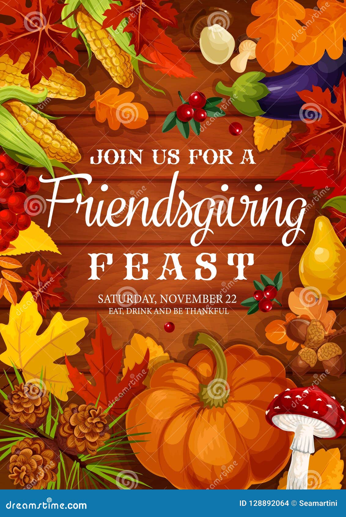 Friendsgiving Feast, Thanksgiving Potluck Dinner Stock Vector