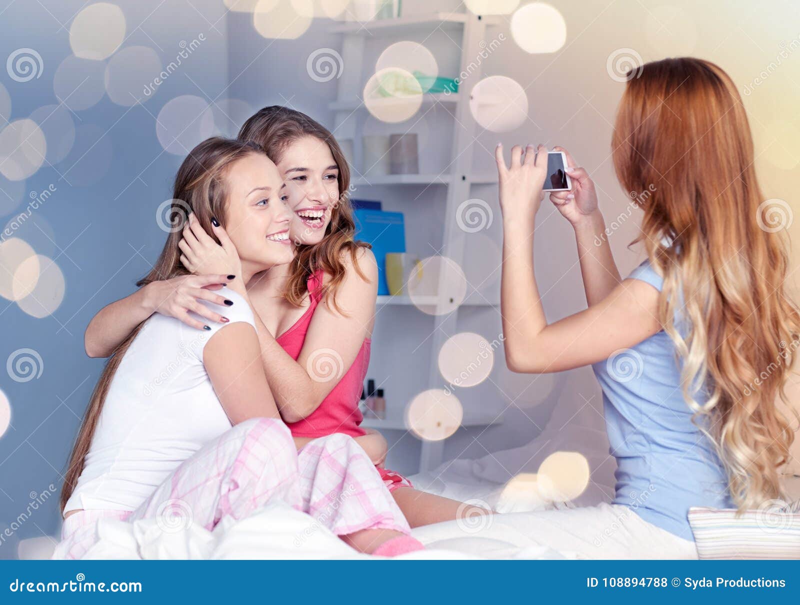 Teen Girls with Smartphone Taking Picture at Home Stock Photo - Image ...