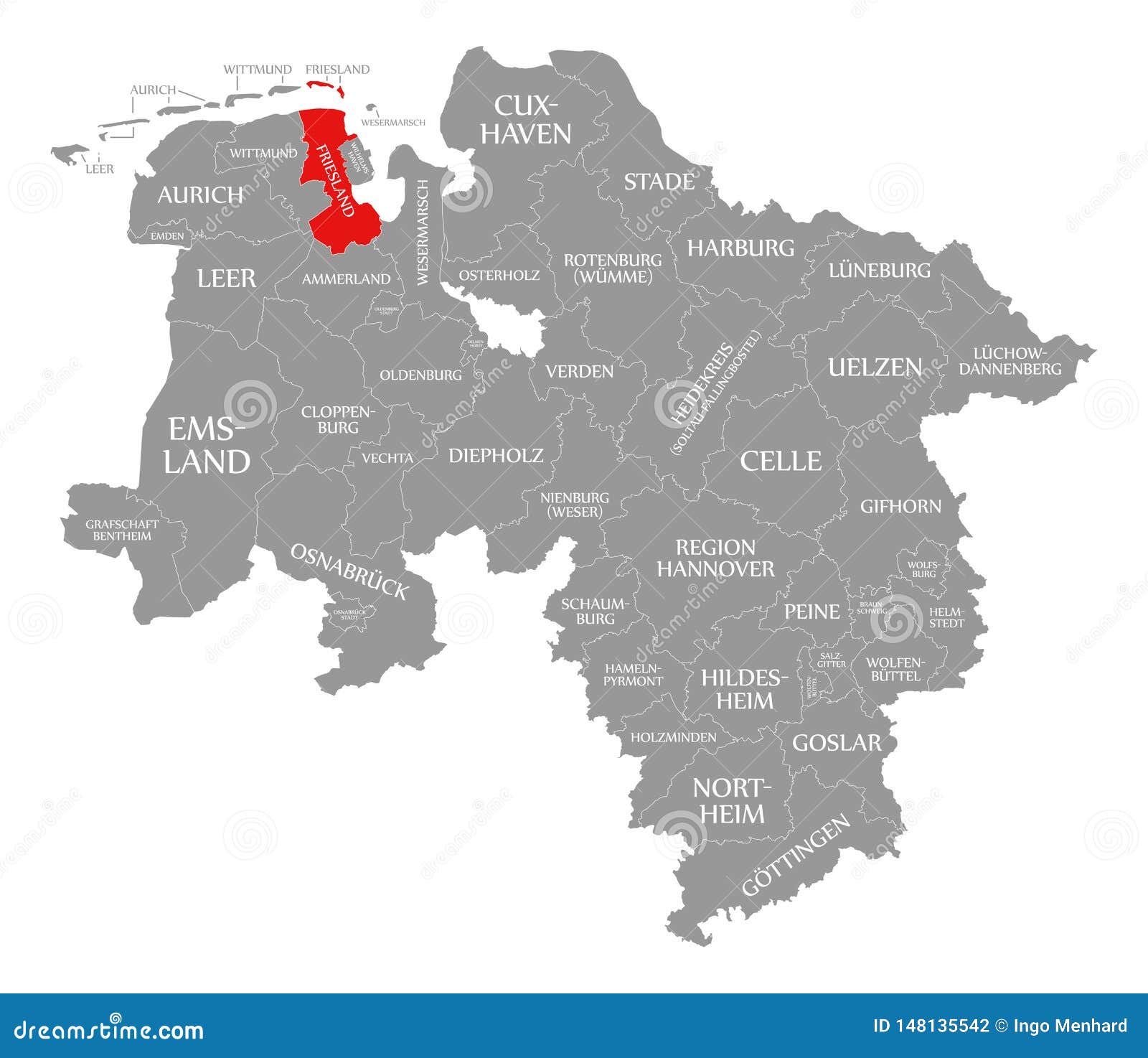 Friesland County Red Highlighted in Map of Lower Saxony Germany Stock