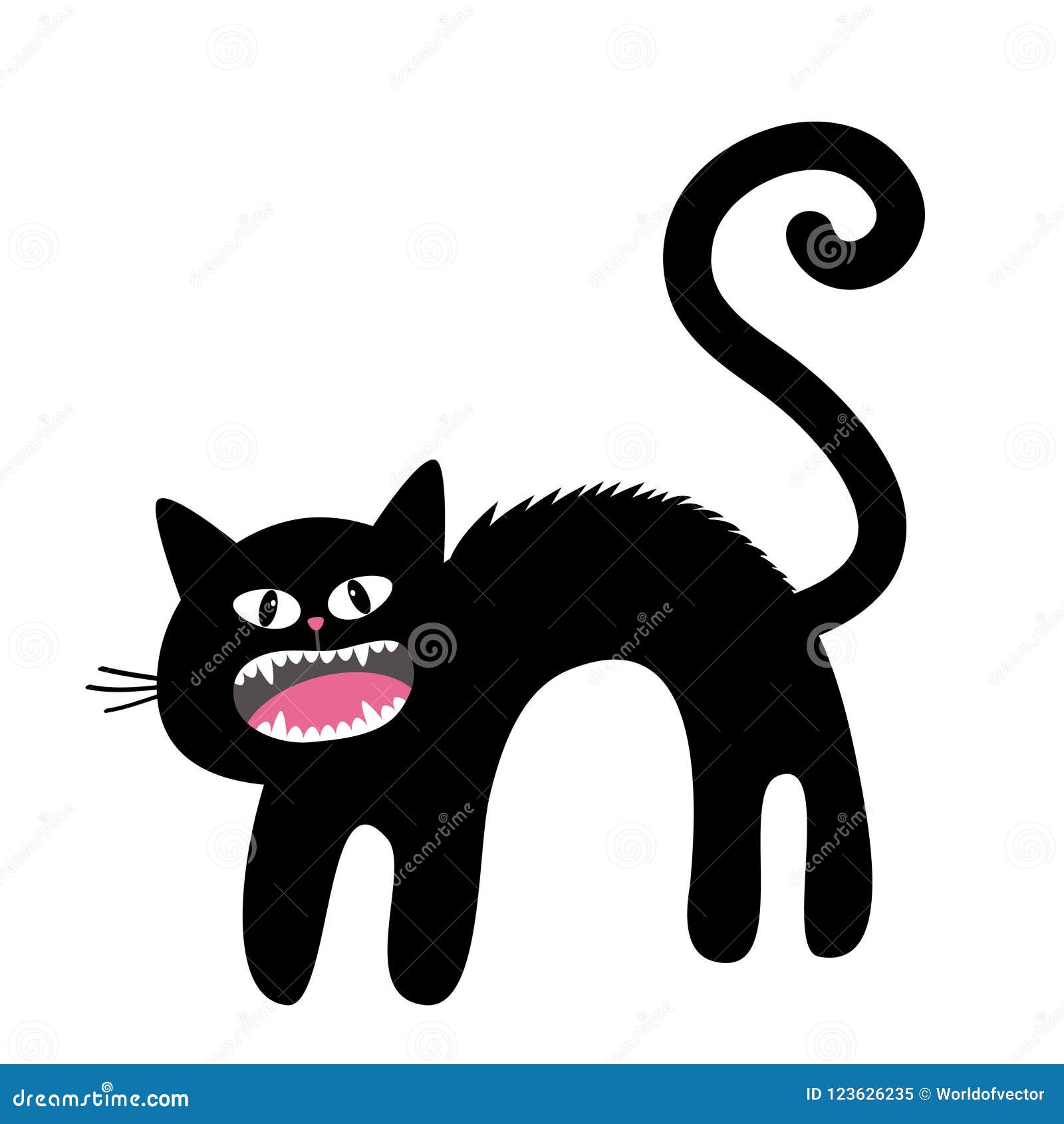 frightened cat arch back. screaming kitten. hair fur stands on end. eyes, fangs, moustaches whisker. cute funny cartoon character.