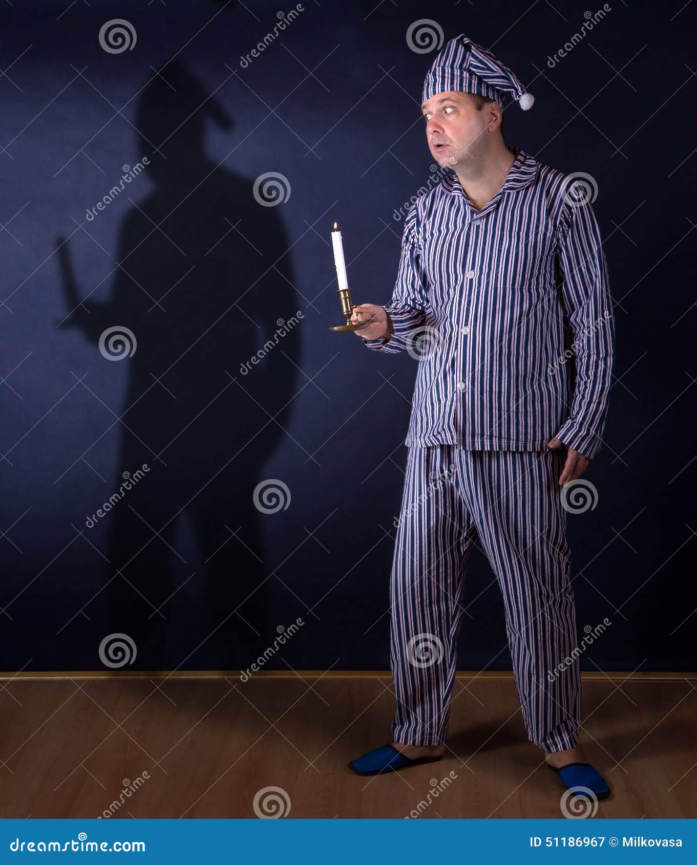 Frightened Man in Pajamas Holding Candle Stock Image - Image of fire ...