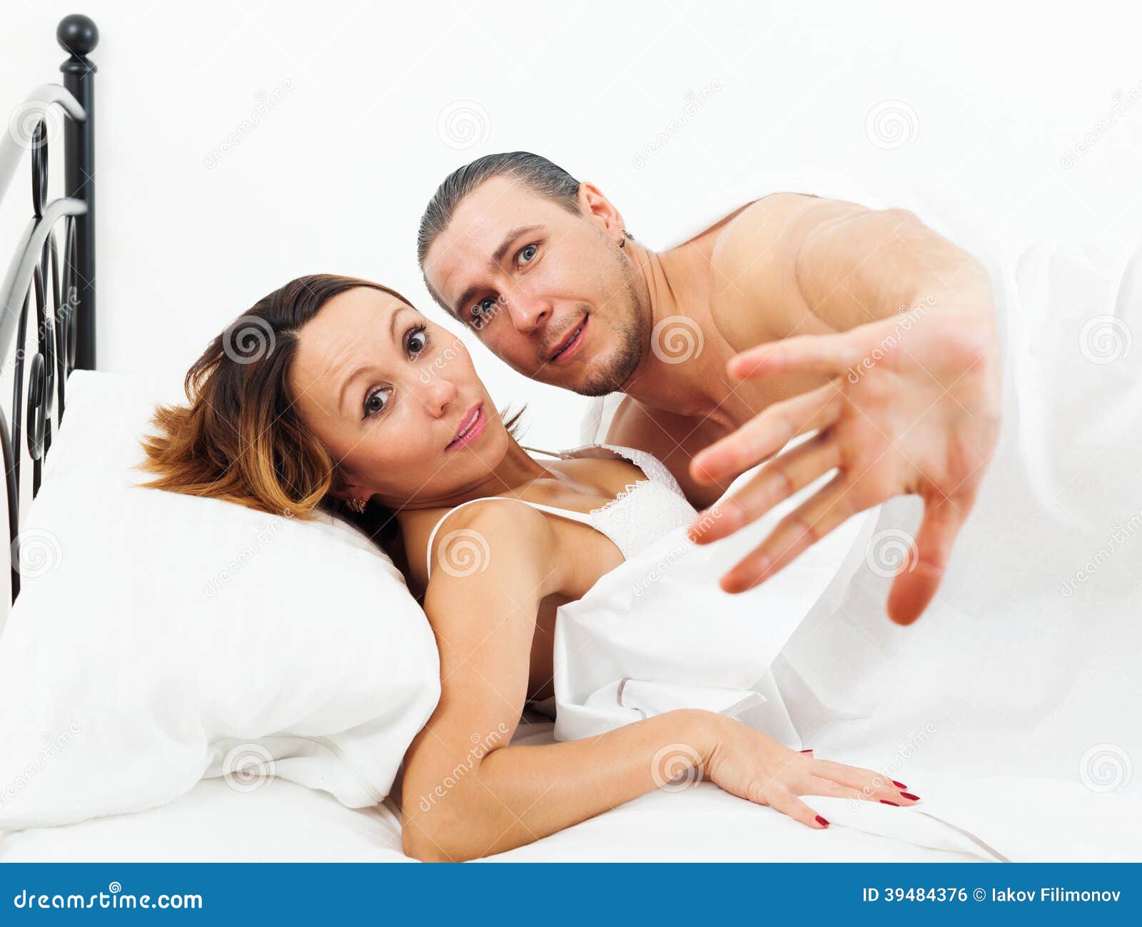 Frightened Man and Woman Caught during Sex Stock Photo image
