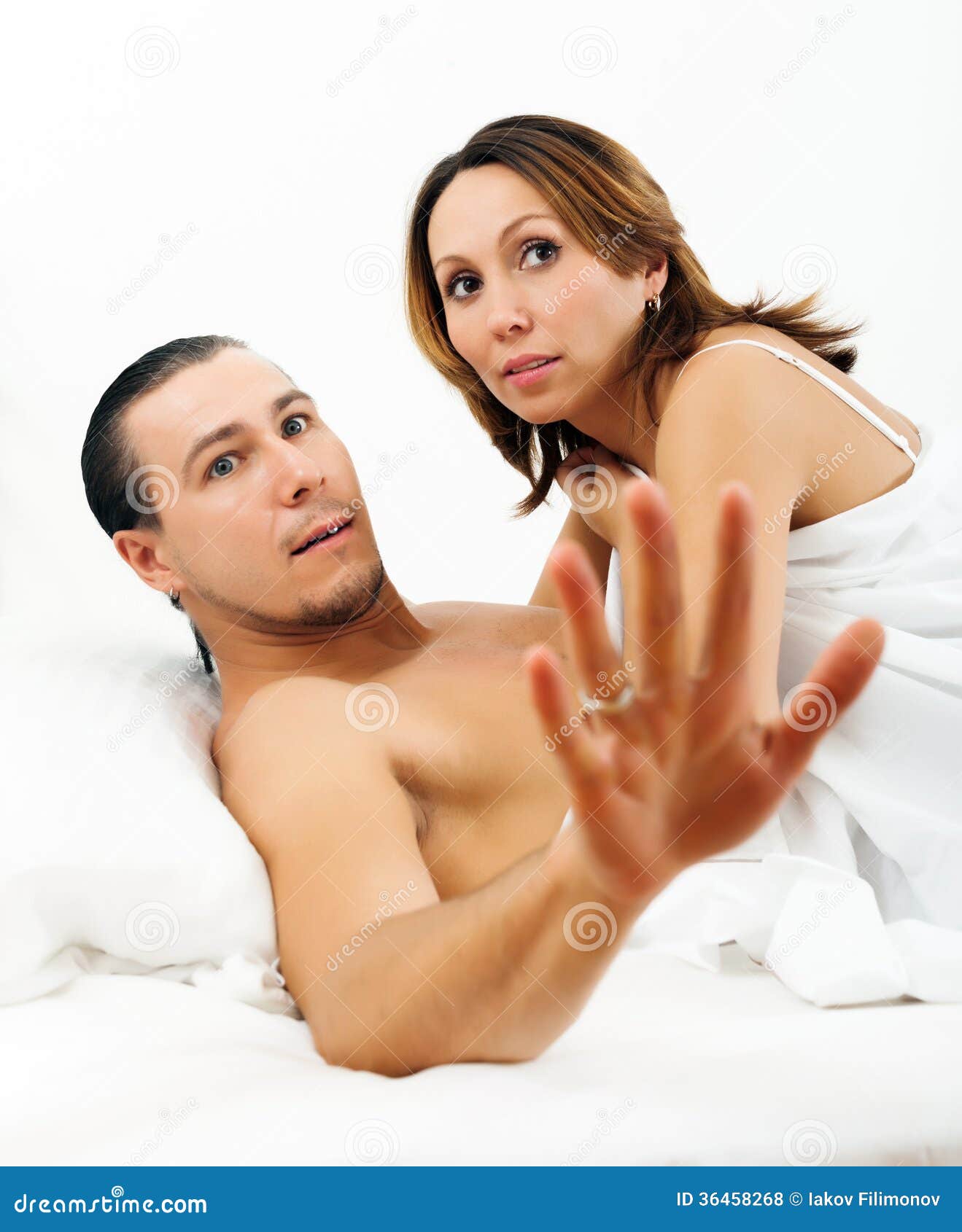 Frightened Man and Woman Caught during Sex Stock Photo