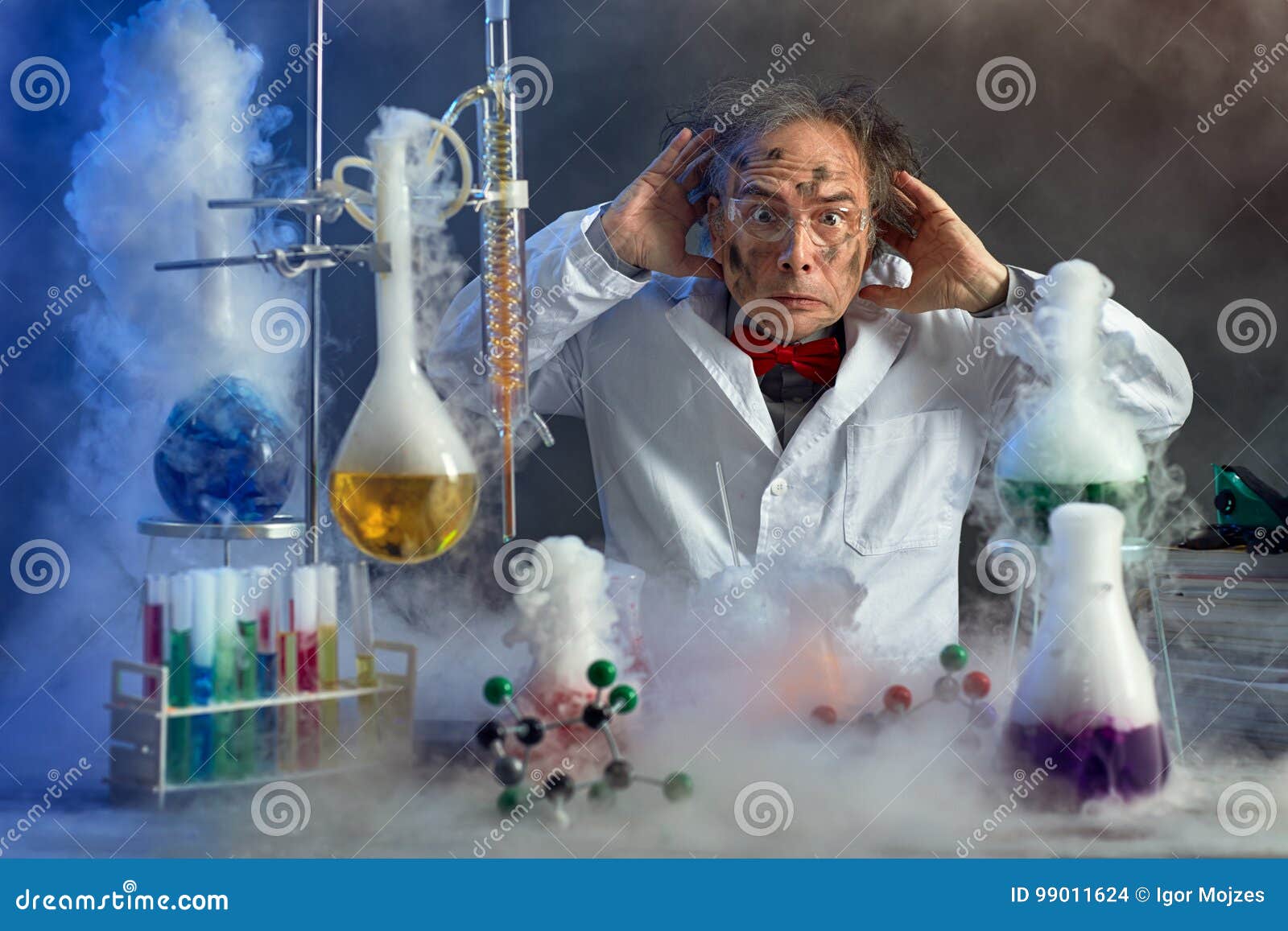 frightened scientist front of experiment that exploded