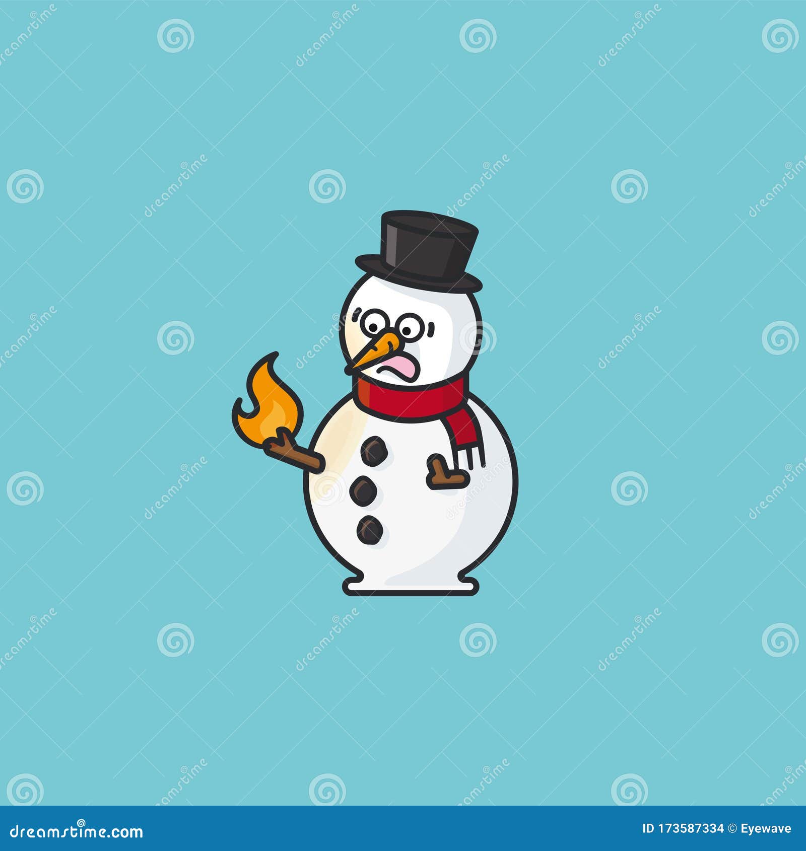 Frightened Snowman with Burning Stick Hand Vector Illustration Stock