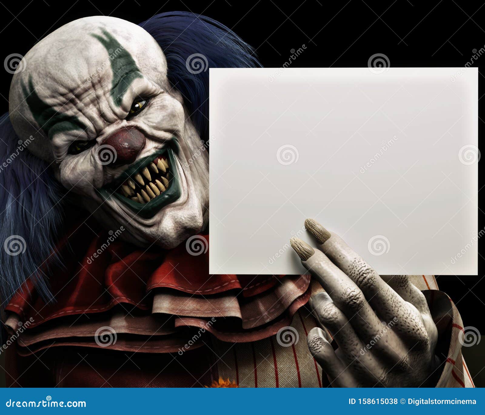 frightening scary clown with sharp fangs piercing the darkness holding a black advertisement card with room for your text