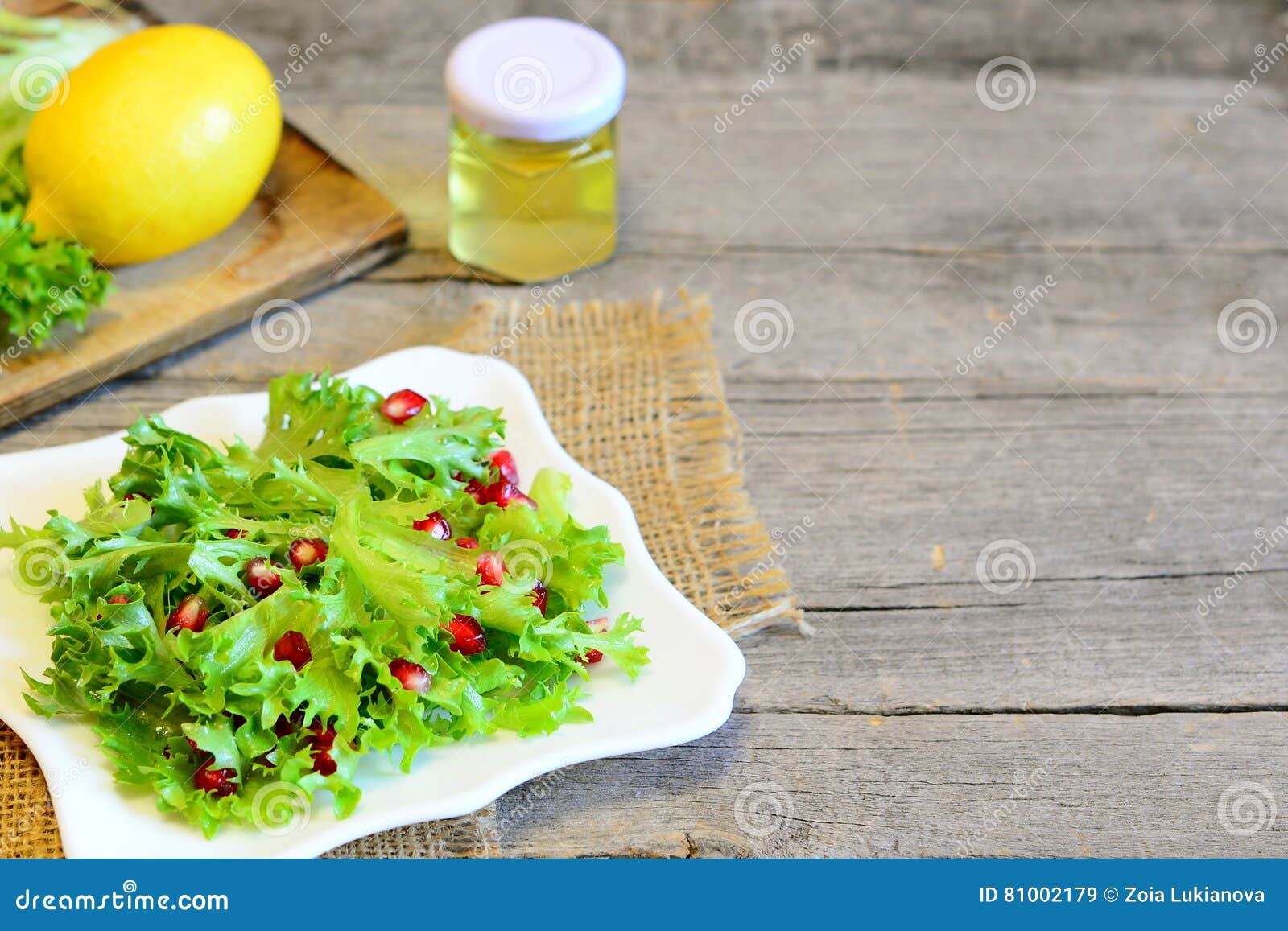 Frisee Lettuce Leaves With Pomegranate Seeds Dressed With Lemon Juice And Olive Oil Easy Salad Recipe Diet Vegan Salad Stock Image Image Of Olive Leaves